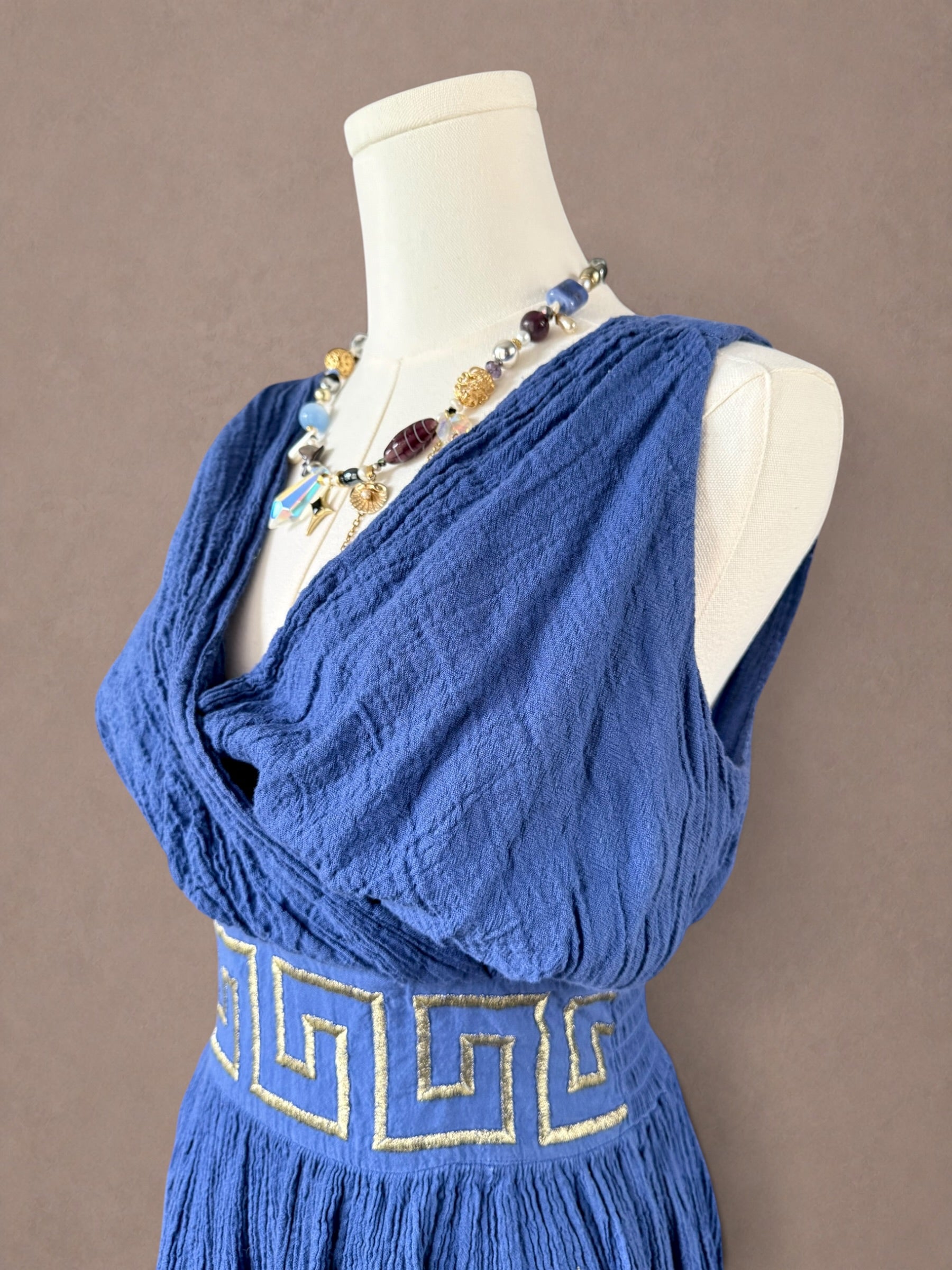 Cobalt Blue 70s Cotton Gauze Grecian Goddess Dress