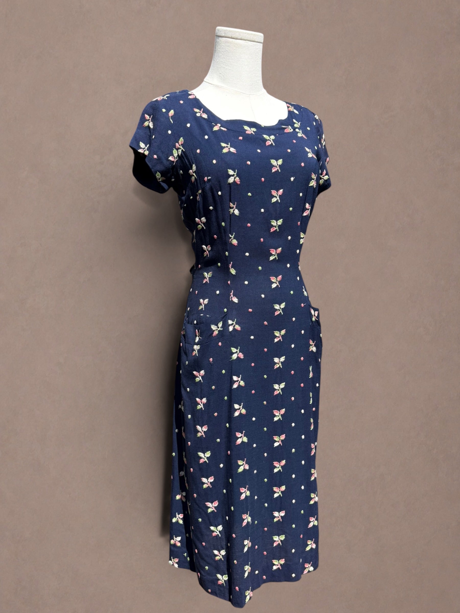 Navy Floral Embroidered Rayon 1940s Day Dress