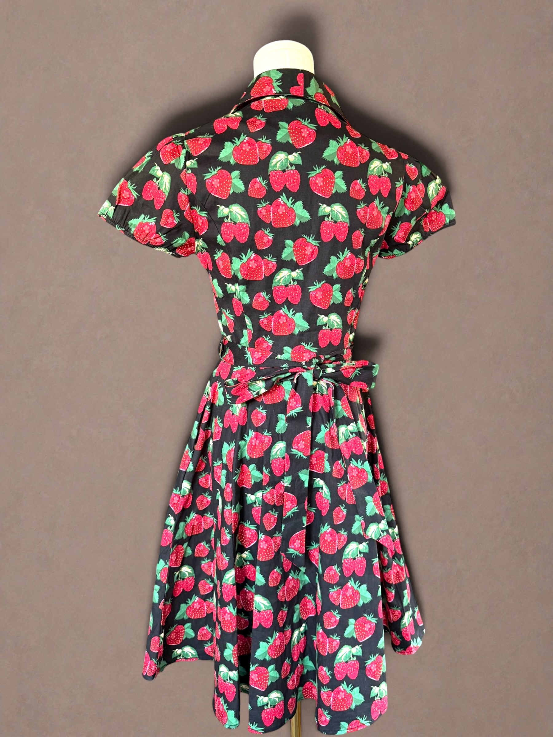 Vintage-Inspired Strawberry Print Dress with Tie Waist-New with Tags