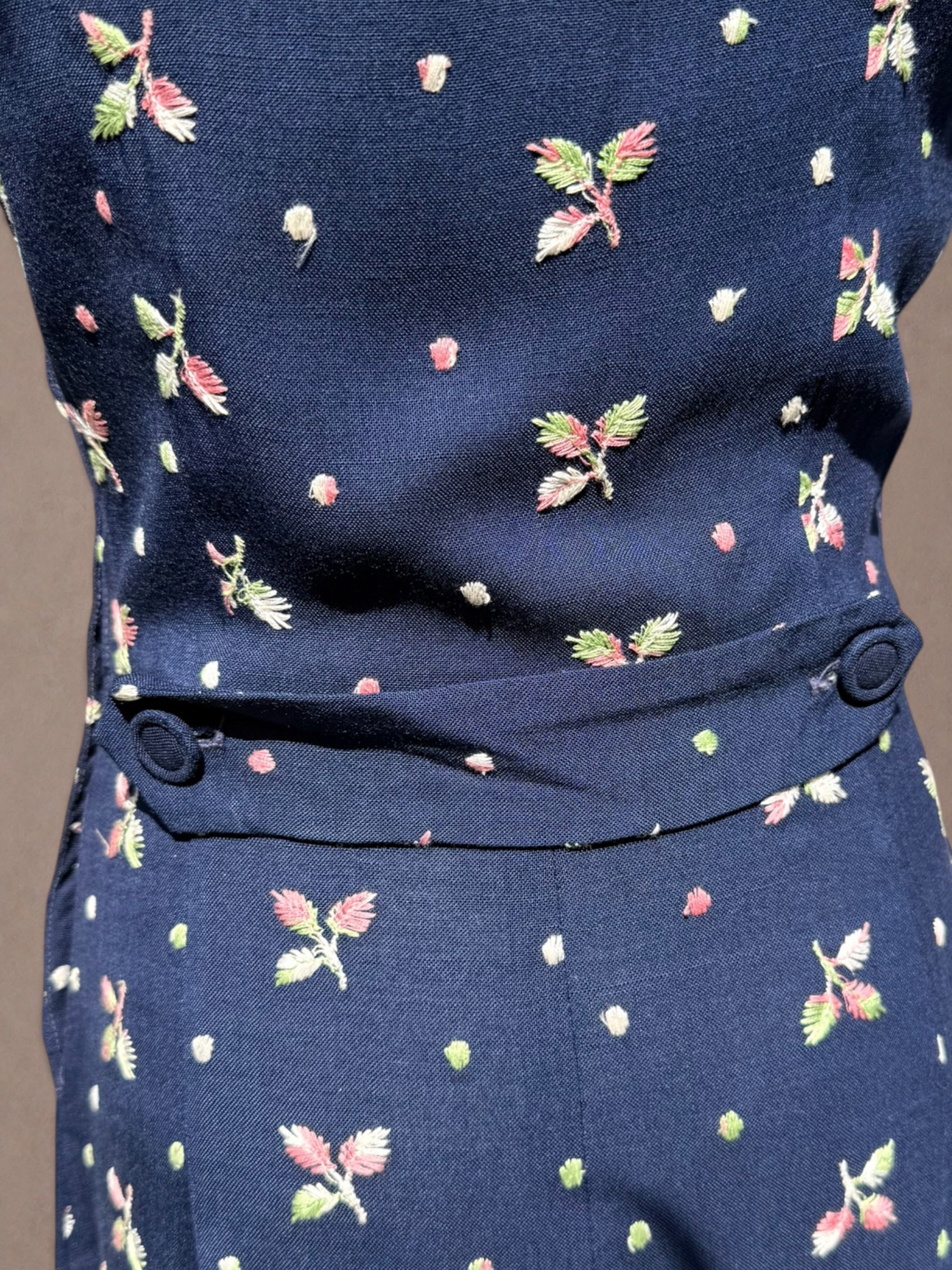 Navy Floral Embroidered Rayon 1940s Day Dress