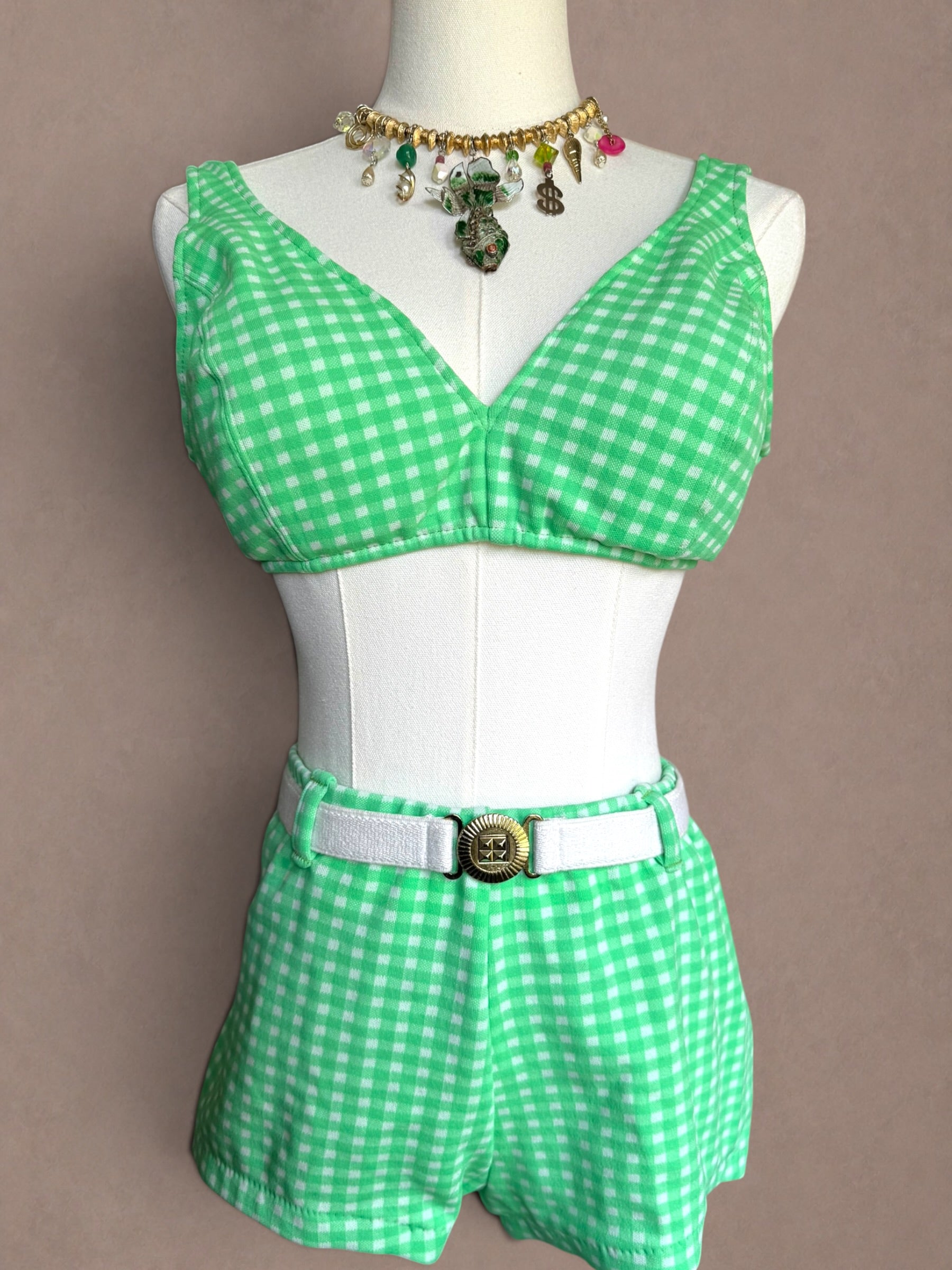 Green Gingham 60s Two Piece Swimsuit Set with Belt