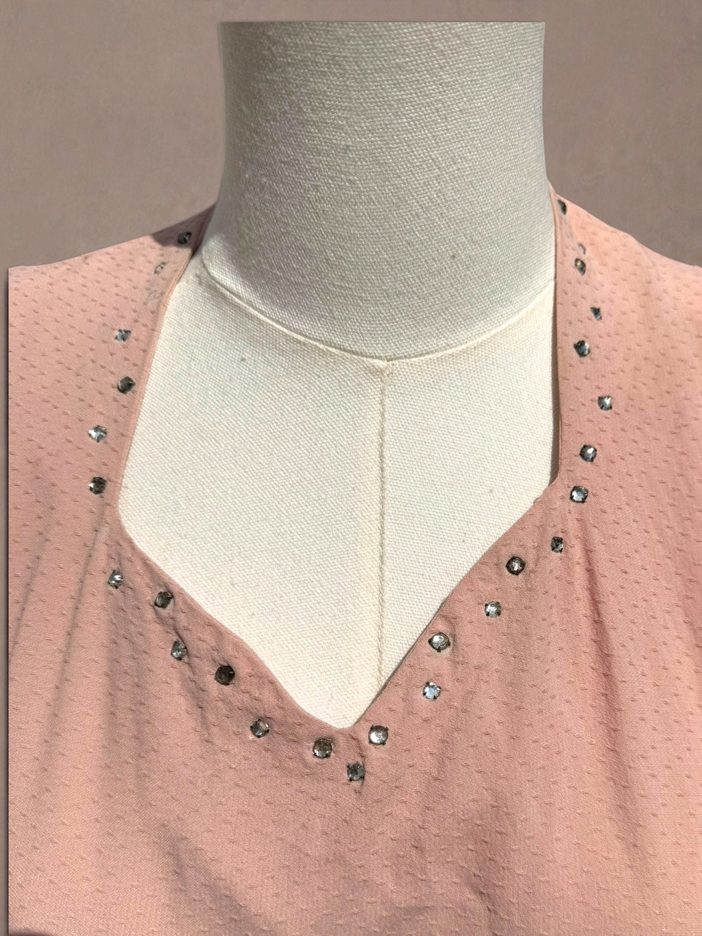 Blush Pink 1940s Swiss Dot Rayon Crepe Dress with Rhinestone Trim & Belt