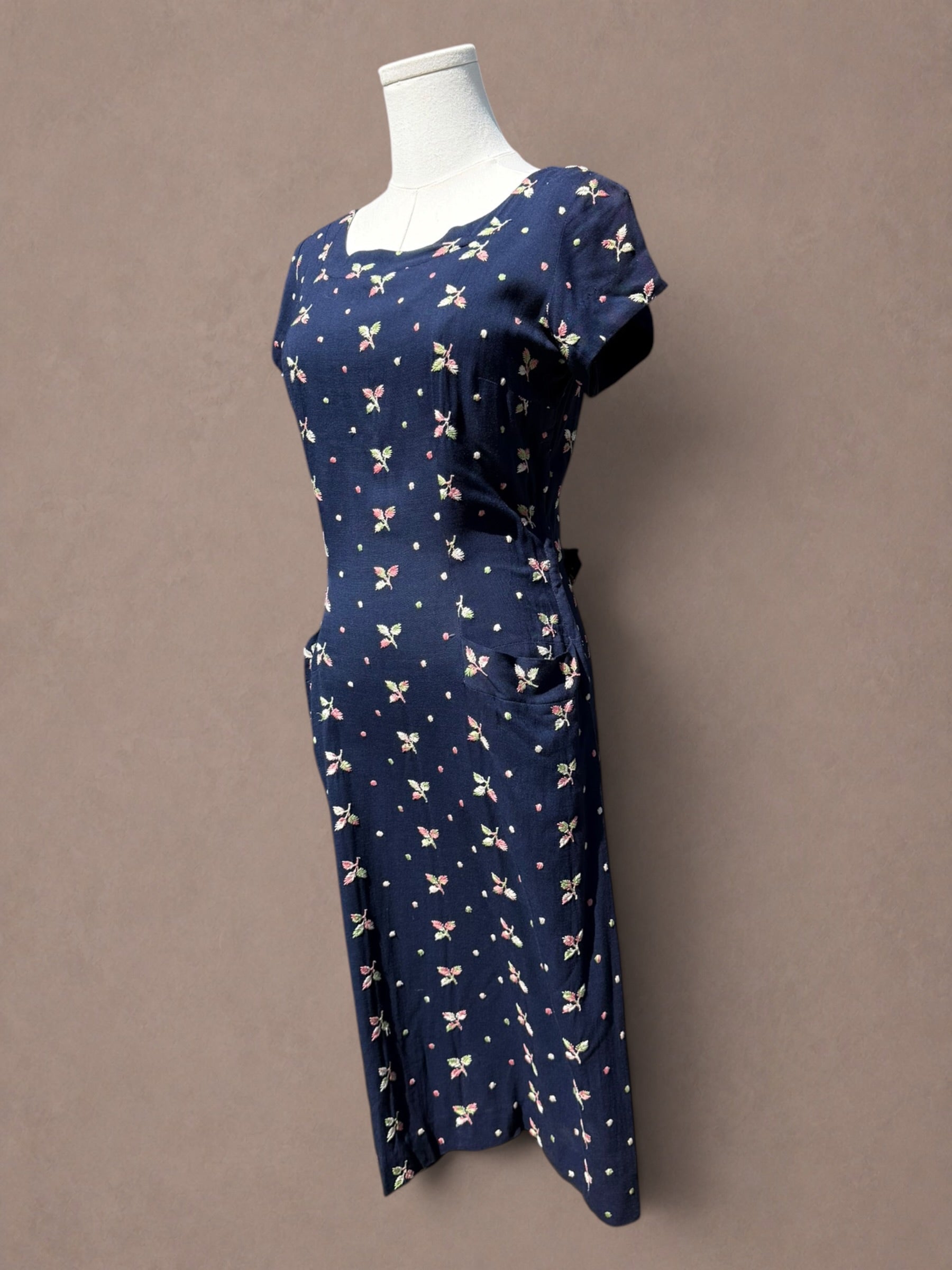 Navy Floral Embroidered Rayon 1940s Day Dress