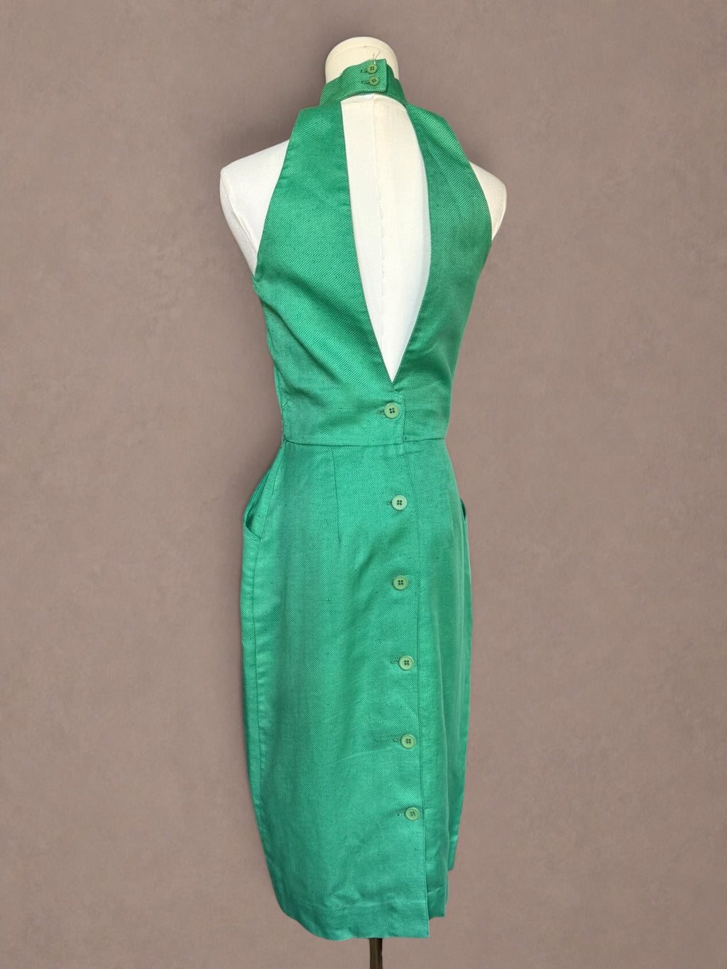 Neiman Marcus Emerald Green 70s Open Back Halter Dress