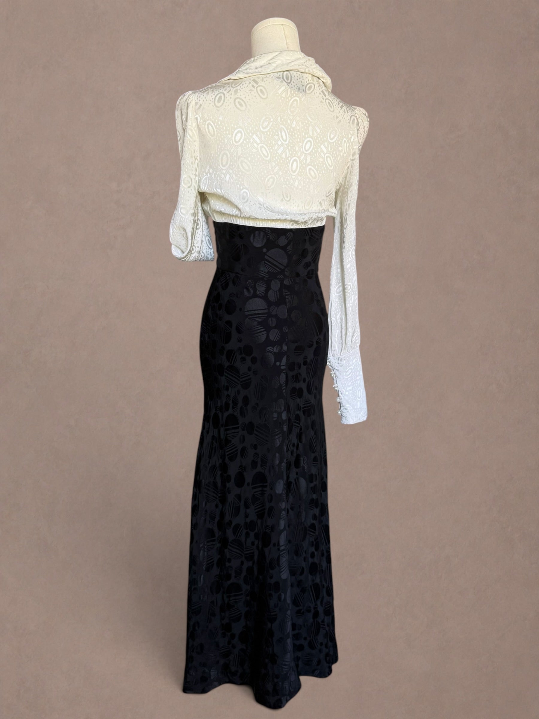 Mr. Boots Black & Ivory Jacquard Maxi Dress with Abstract Satin Skirt