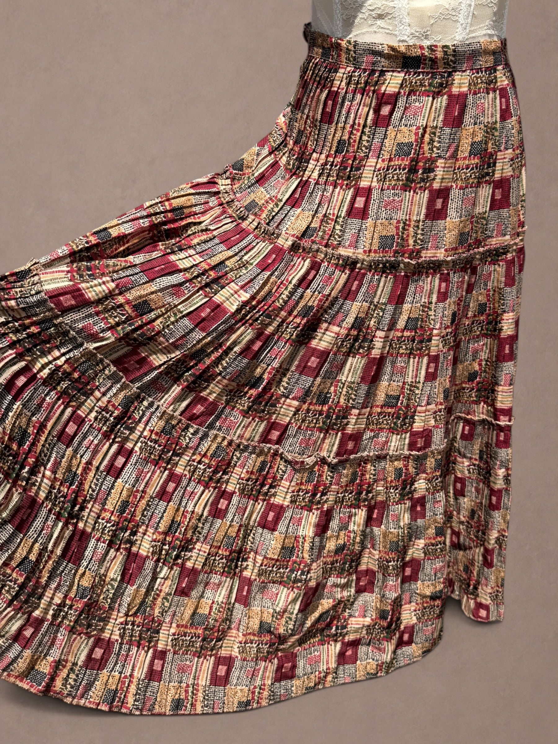 Patchwork Print 1970s Rayon Prairie Skirt