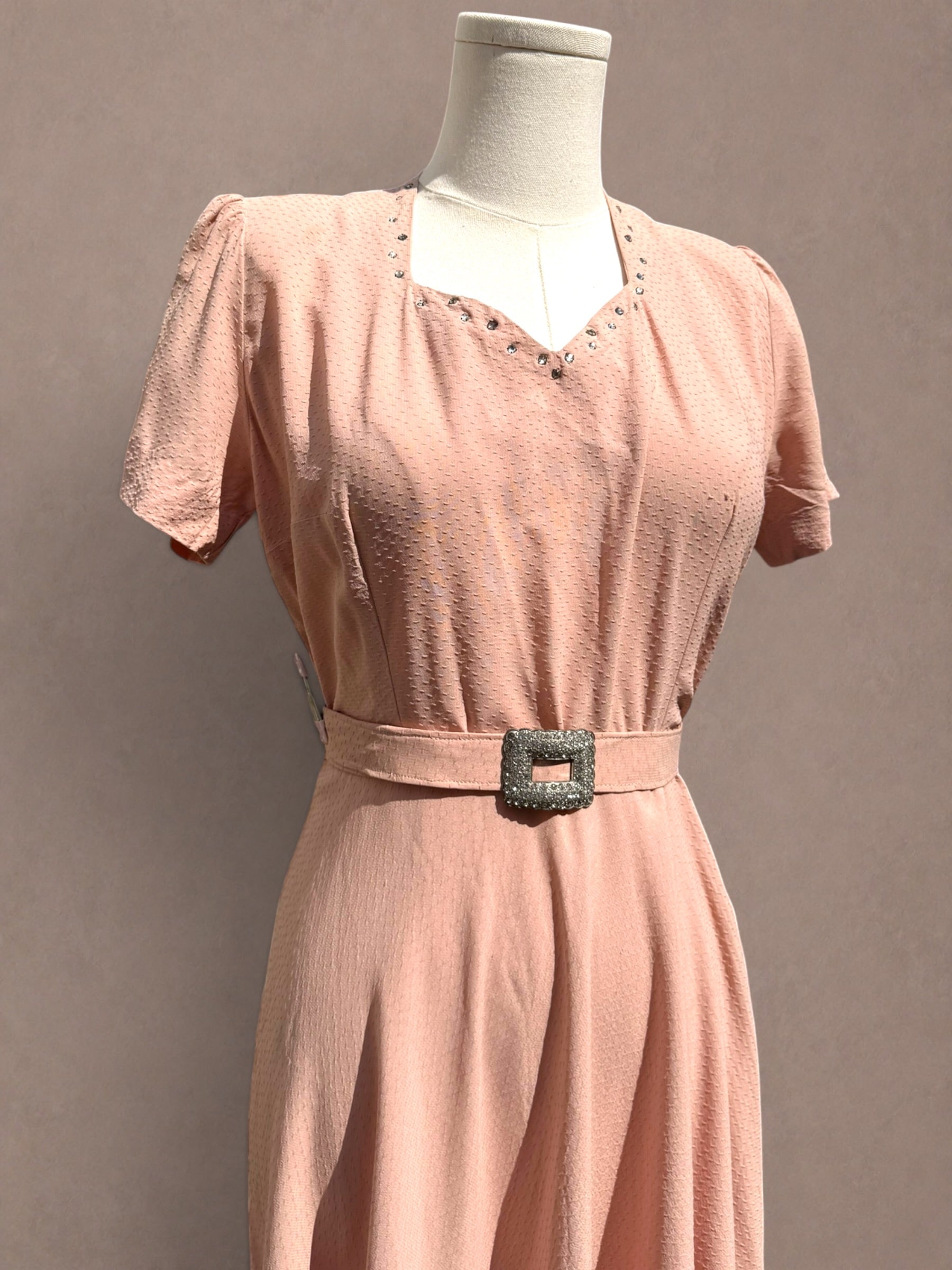 Blush Pink 1940s Swiss Dot Rayon Crepe Dress with Rhinestone Trim & Belt