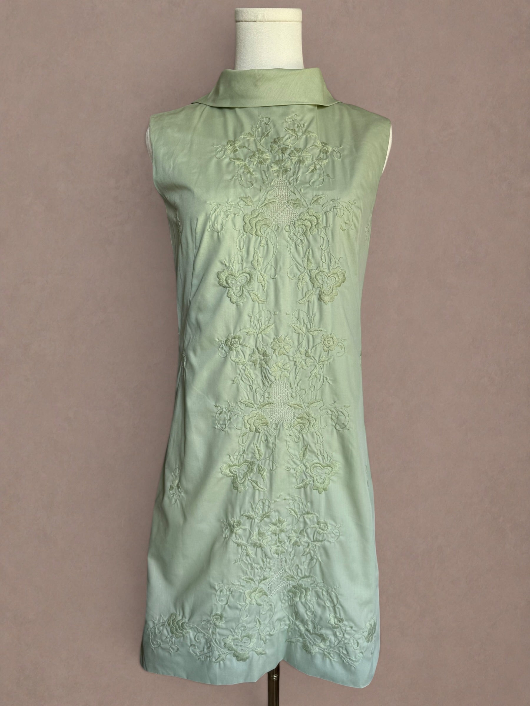 Sage Green 60s Embroidered Cotton Mini
