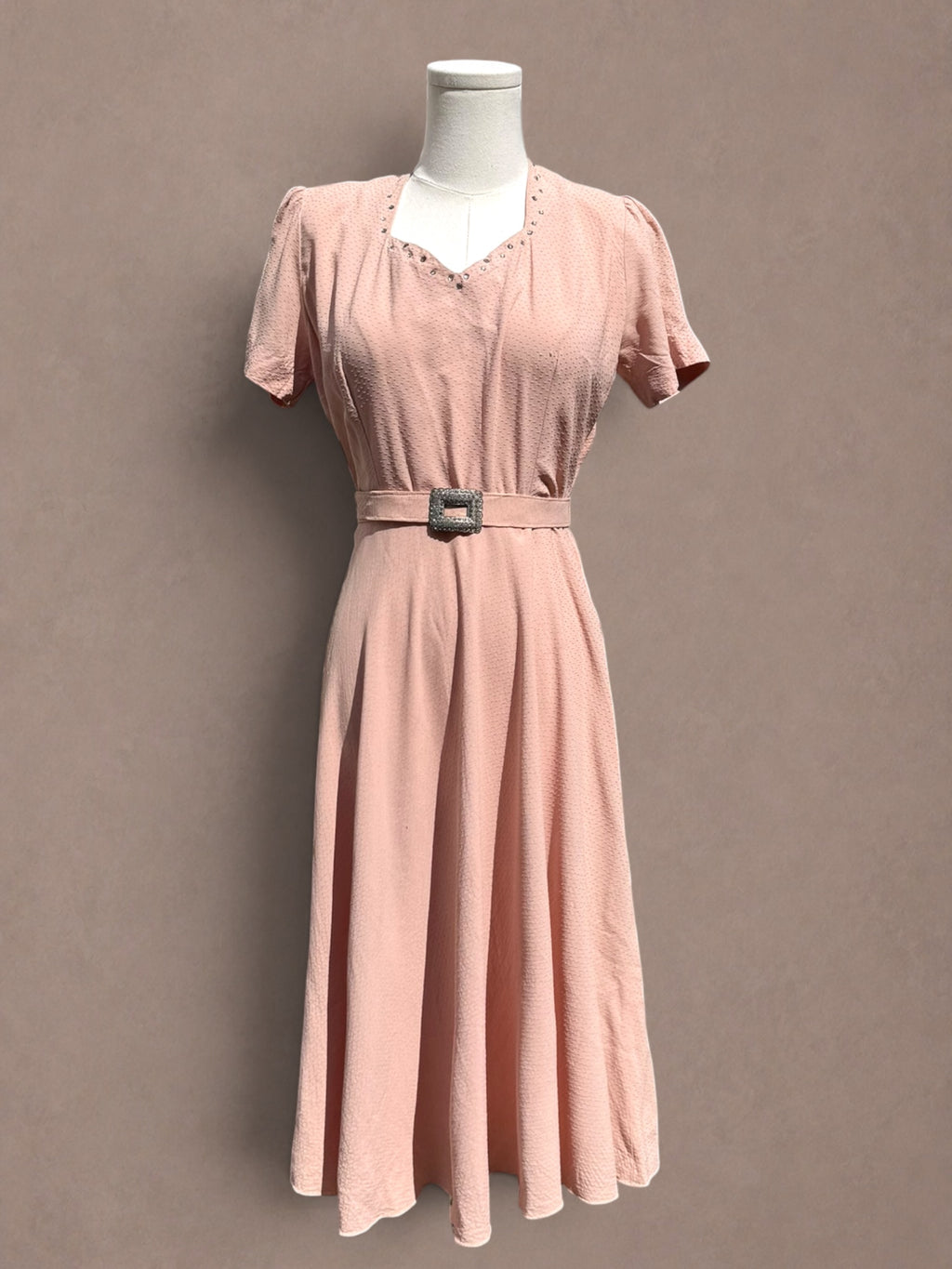 Blush Pink 1940s Swiss Dot Rayon Crepe Dress with Rhinestone Trim & Belt
