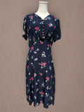 Navy Floral 1930s Bias Cut Rayon Day Dress