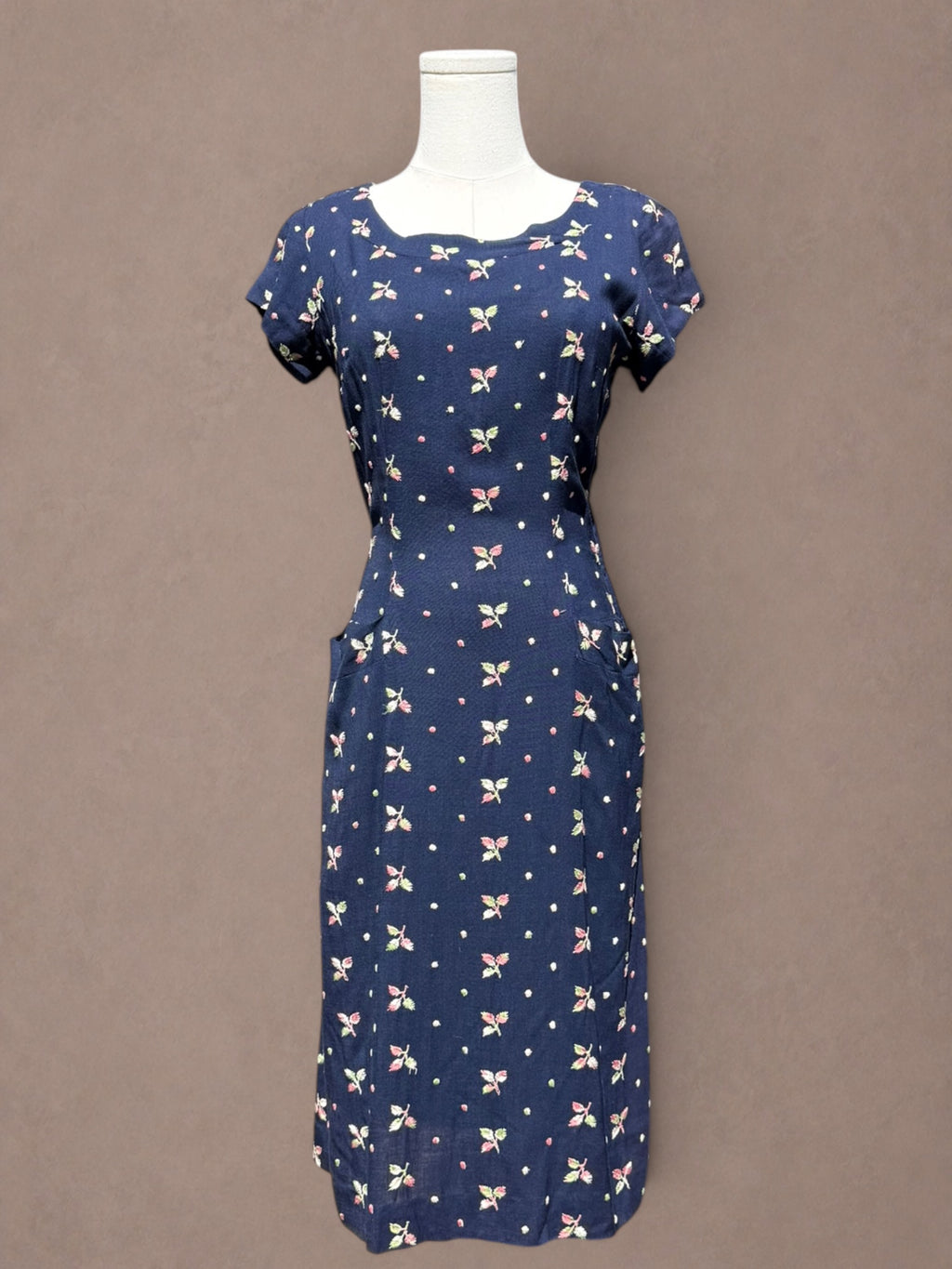 Navy Floral Embroidered Rayon 1940s Day Dress