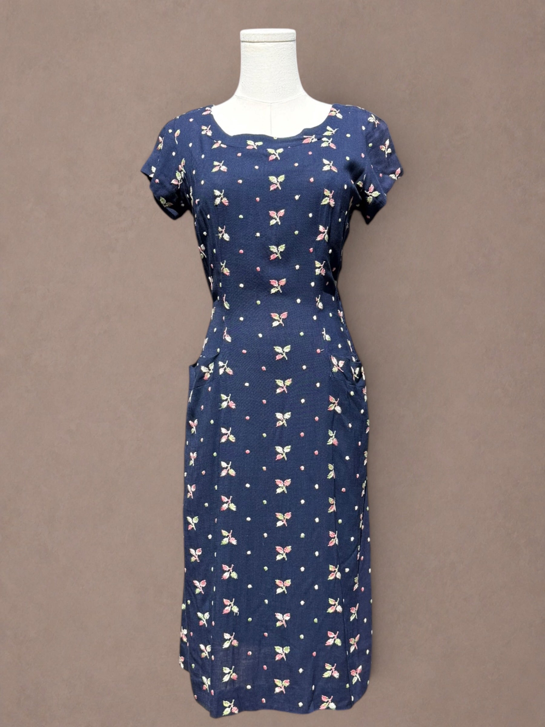 Navy Floral Embroidered Rayon 1940s Day Dress