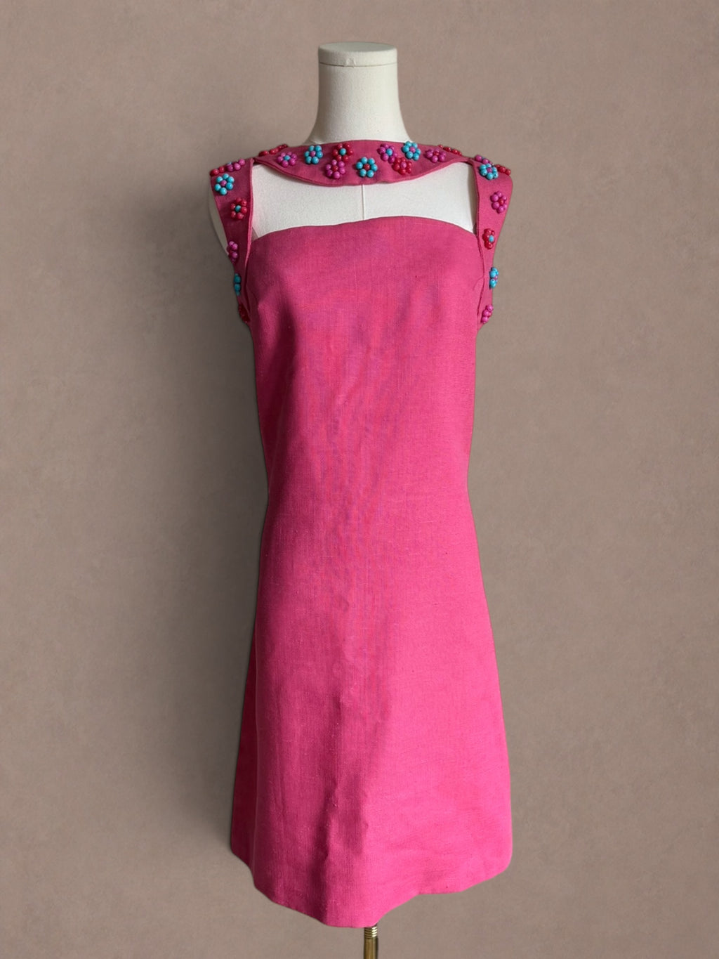 Pink Beaded Mod Mini Dress • Linen Shift Dress • Candy Colored Floral Beadwork