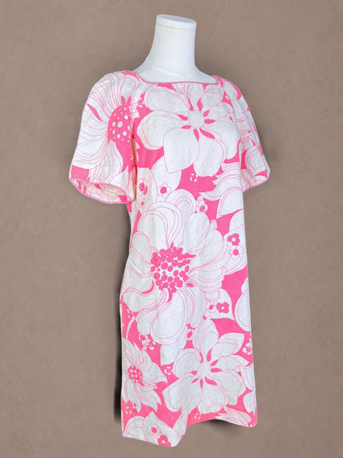 Alice Polynesian Late 1960s Hot Pink Floral Hawaiian Shift Dress