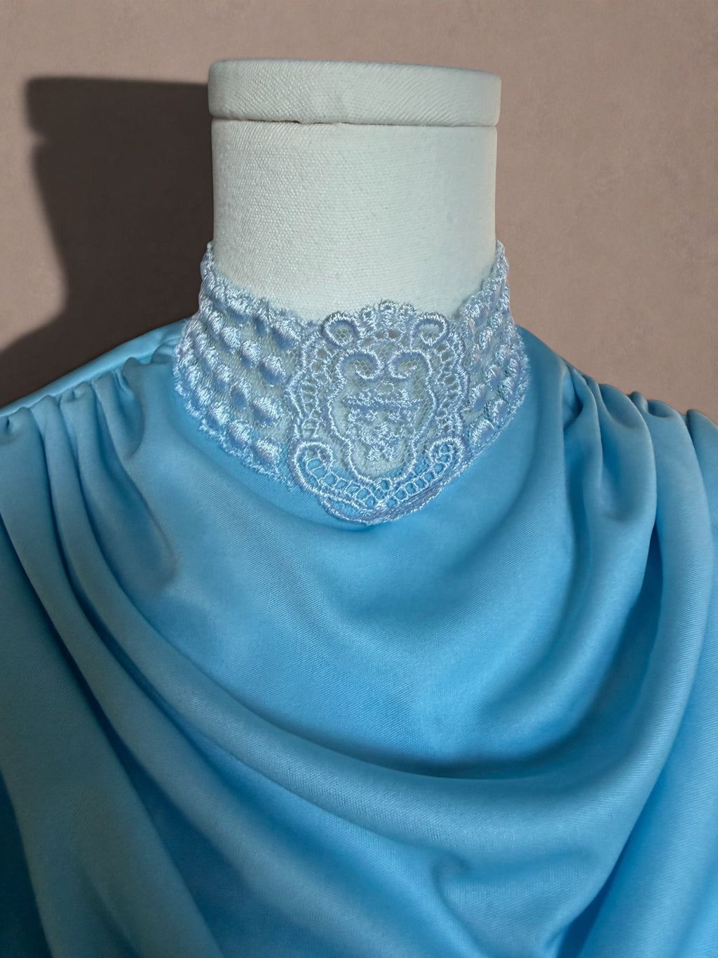1970s Powder Blue Pleated Maxi Dress with Lace High Neck Cape Overlay