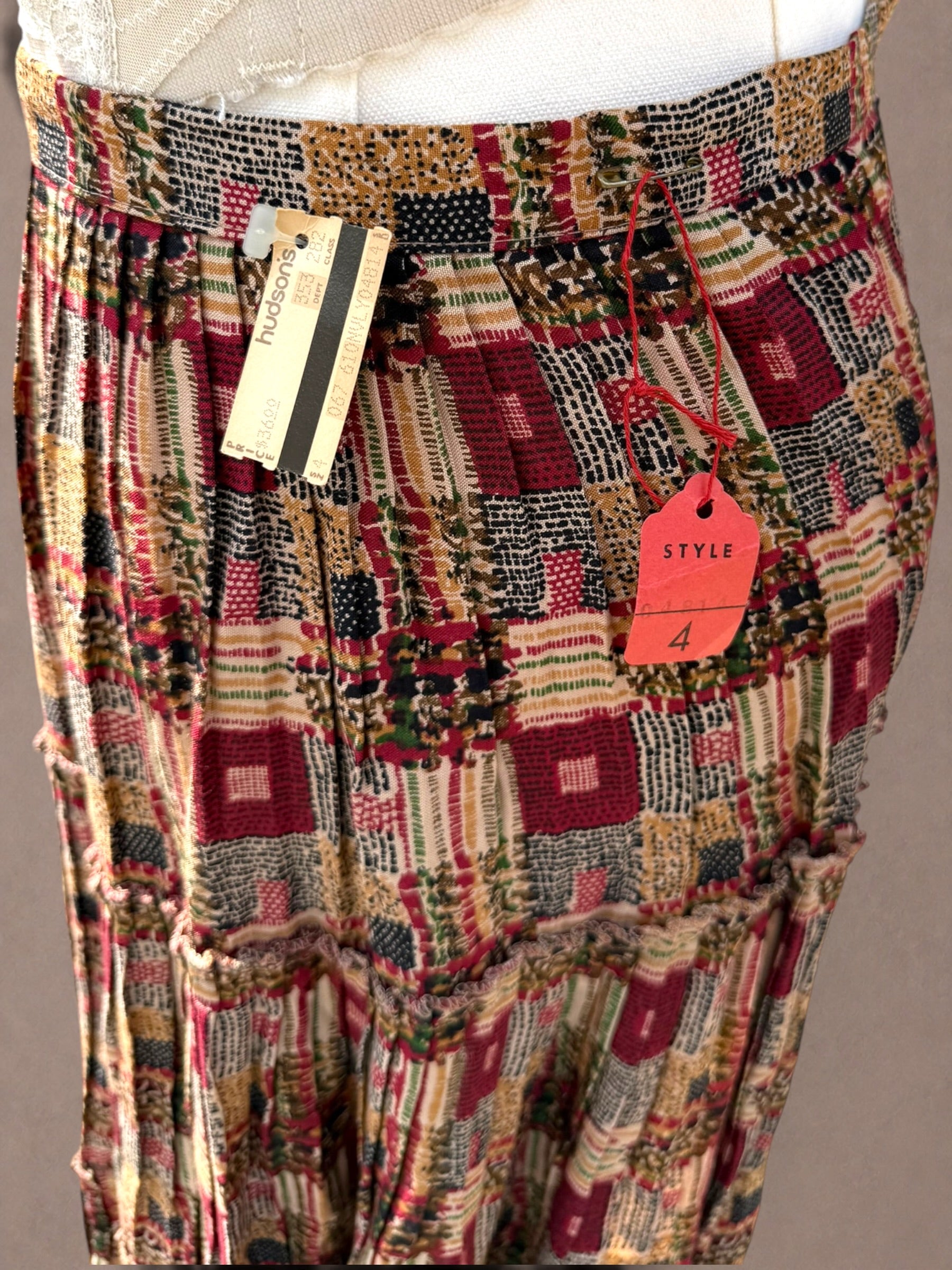 Patchwork Print 1970s Rayon Prairie Skirt