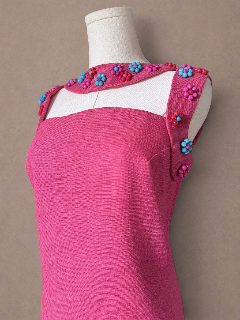 Pink Beaded Mod Mini Dress • Linen Shift Dress • Candy Colored Floral Beadwork