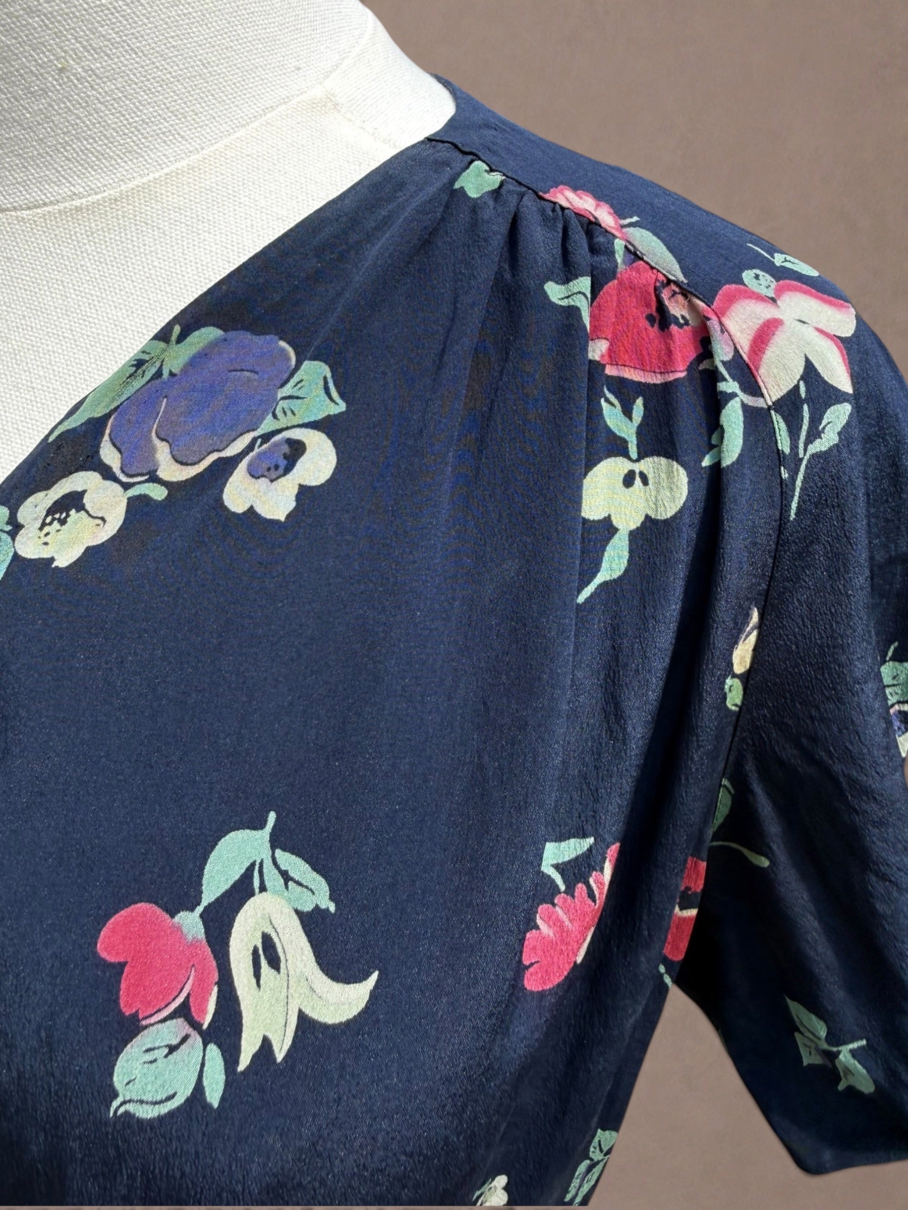 Navy Floral 1930s Bias Cut Rayon Day Dress