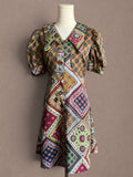 Patchwork Scarf Print 70s Mini Dress with Puff Sleeves