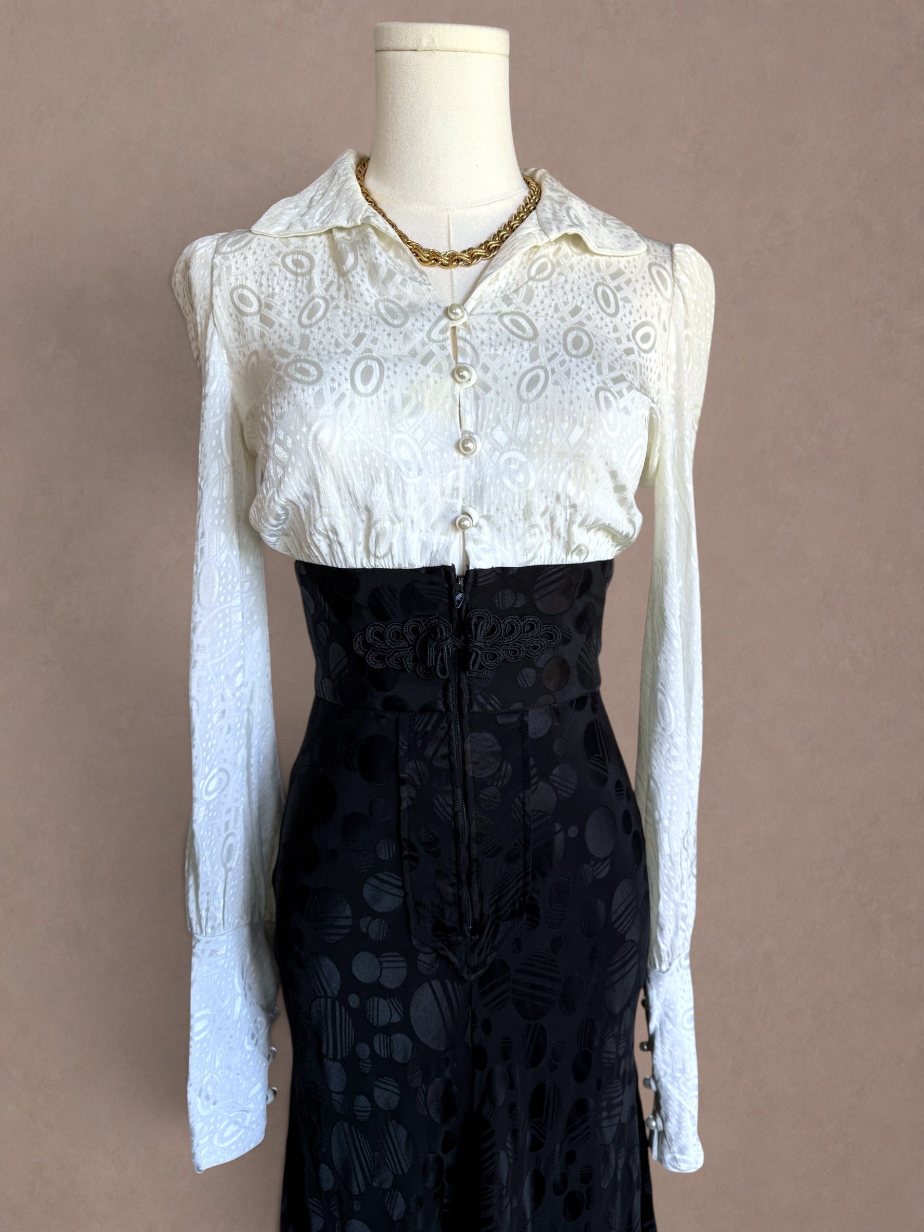 Mr. Boots Black & Ivory Jacquard Maxi Dress with Abstract Satin Skirt