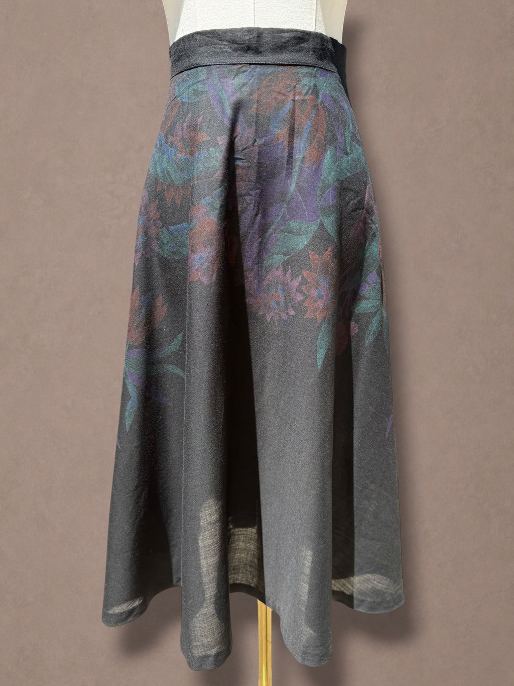 Black & Jewel Tone Floral Print 70s Midi Skirt