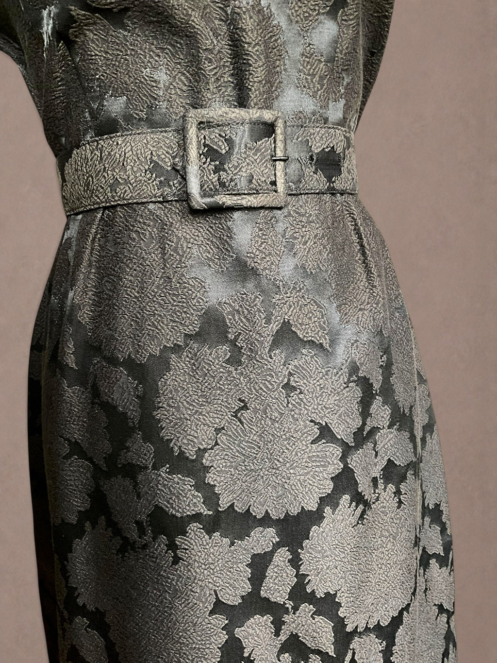 Black Floral Brocade 50s Cocktail Dress with Matching Belt