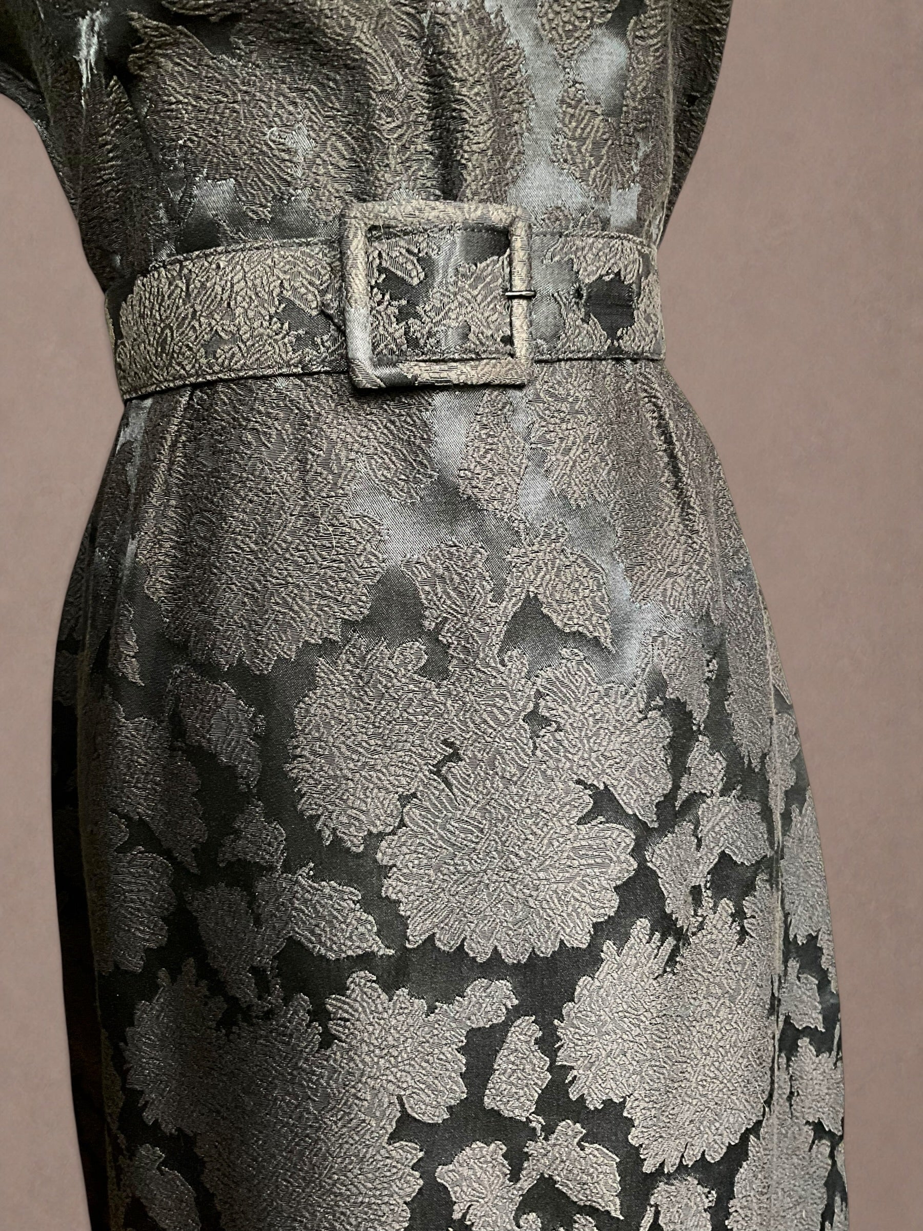 Black Floral Brocade 50s Cocktail Dress with Matching Belt