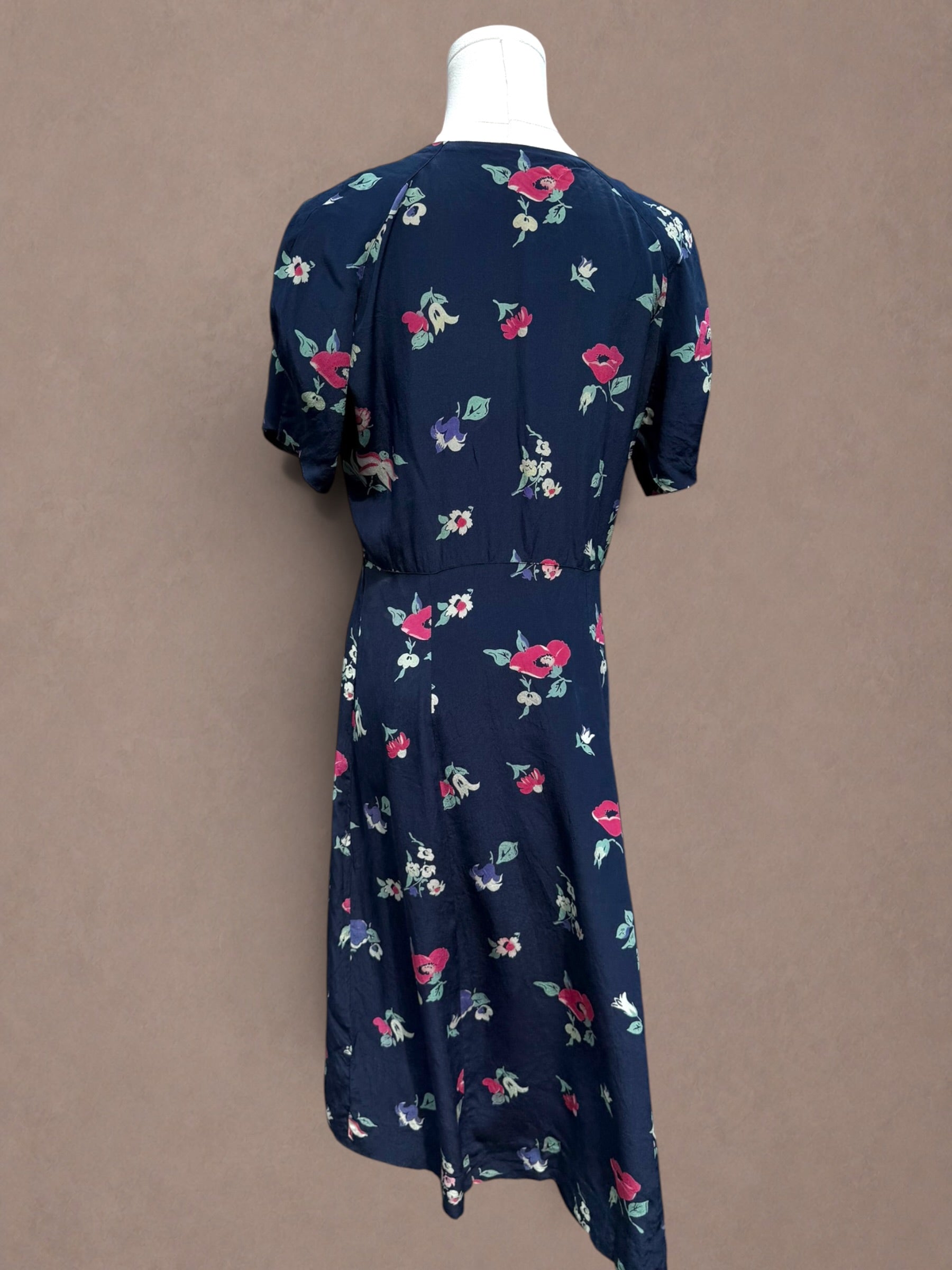 Navy Floral 1930s Bias Cut Rayon Day Dress