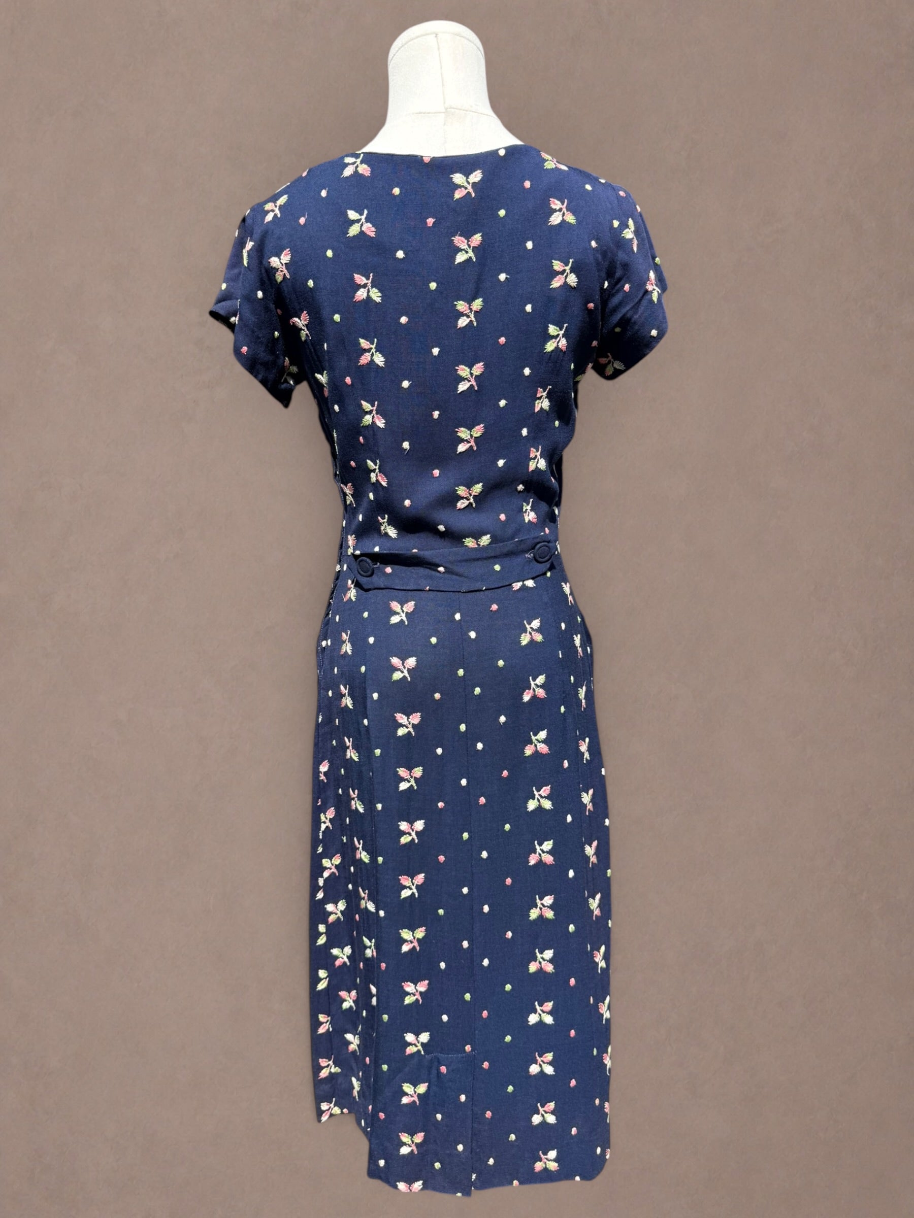Navy Floral Embroidered Rayon 1940s Day Dress