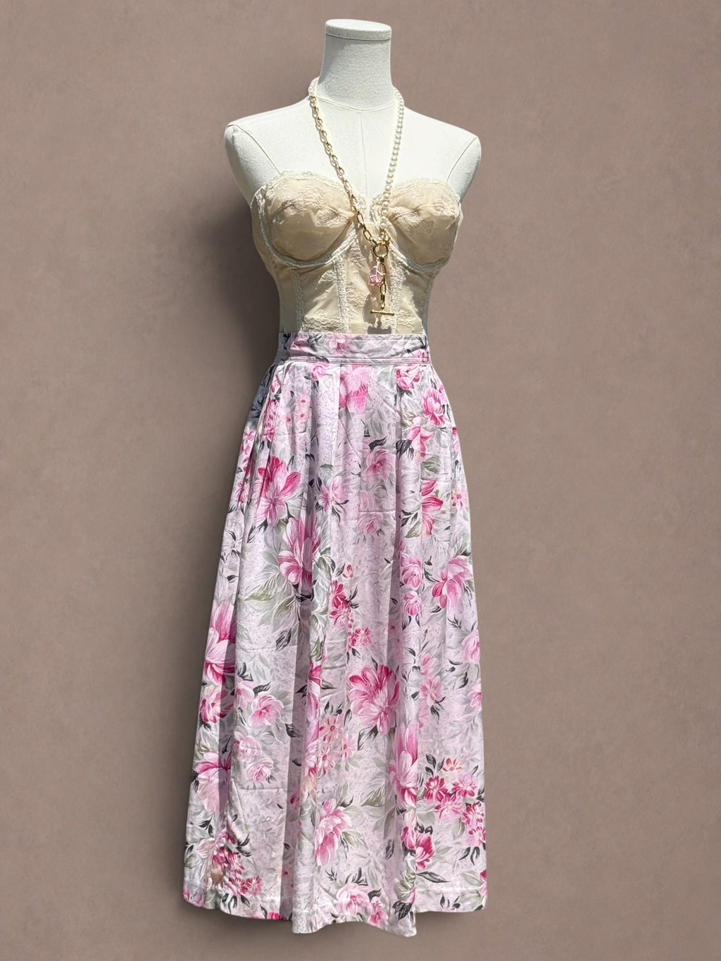 Romantic Garden Floral Print 1980s Rayon Midi Skirt
