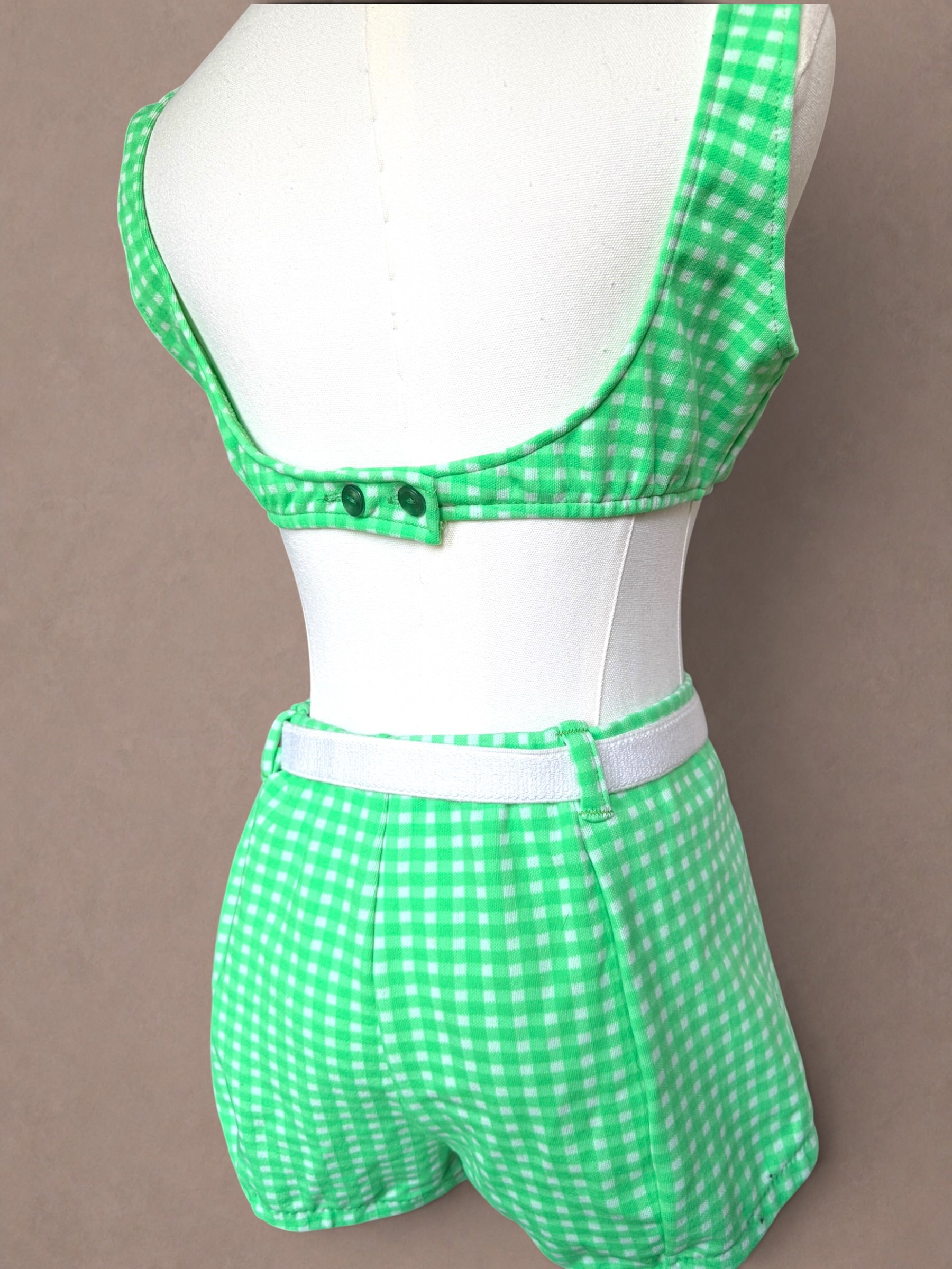 Green Gingham 60s Two Piece Swimsuit Set with Belt