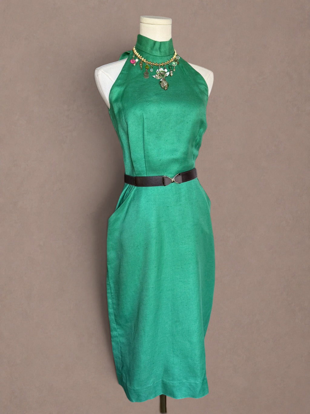 Neiman Marcus Emerald Green 70s Open Back Halter Dress