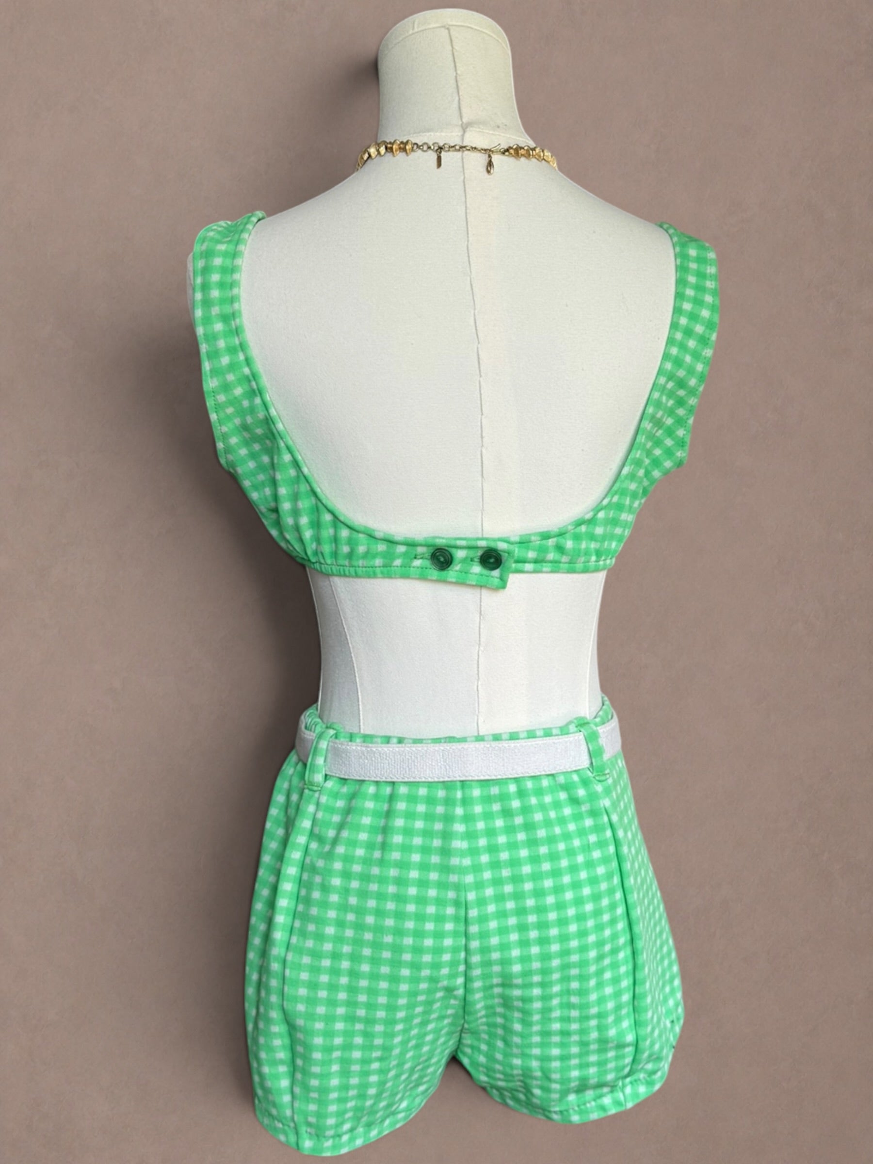 Green Gingham 60s Two Piece Swimsuit Set with Belt