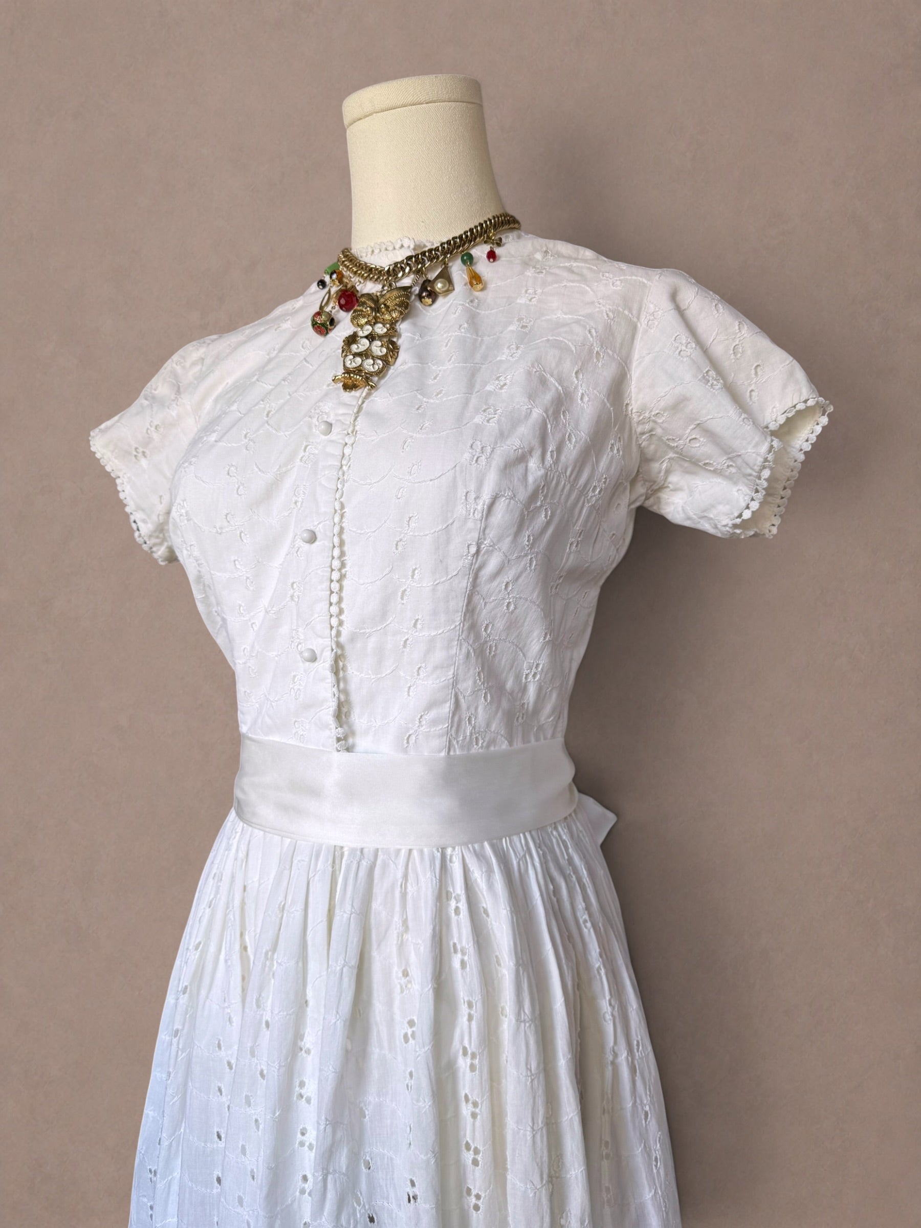 White Eyelet Cotton 70s Fit & Flare Dress