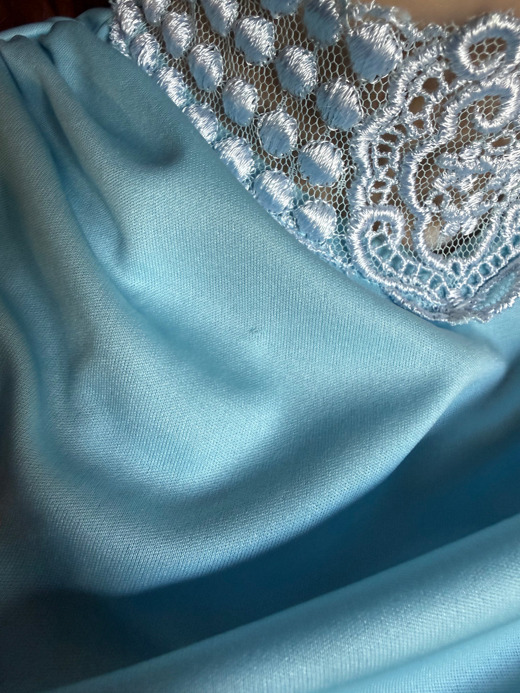 1970s Powder Blue Pleated Maxi Dress with Lace High Neck Cape Overlay