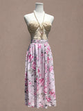 Romantic Garden Floral Print 1980s Rayon Midi Skirt