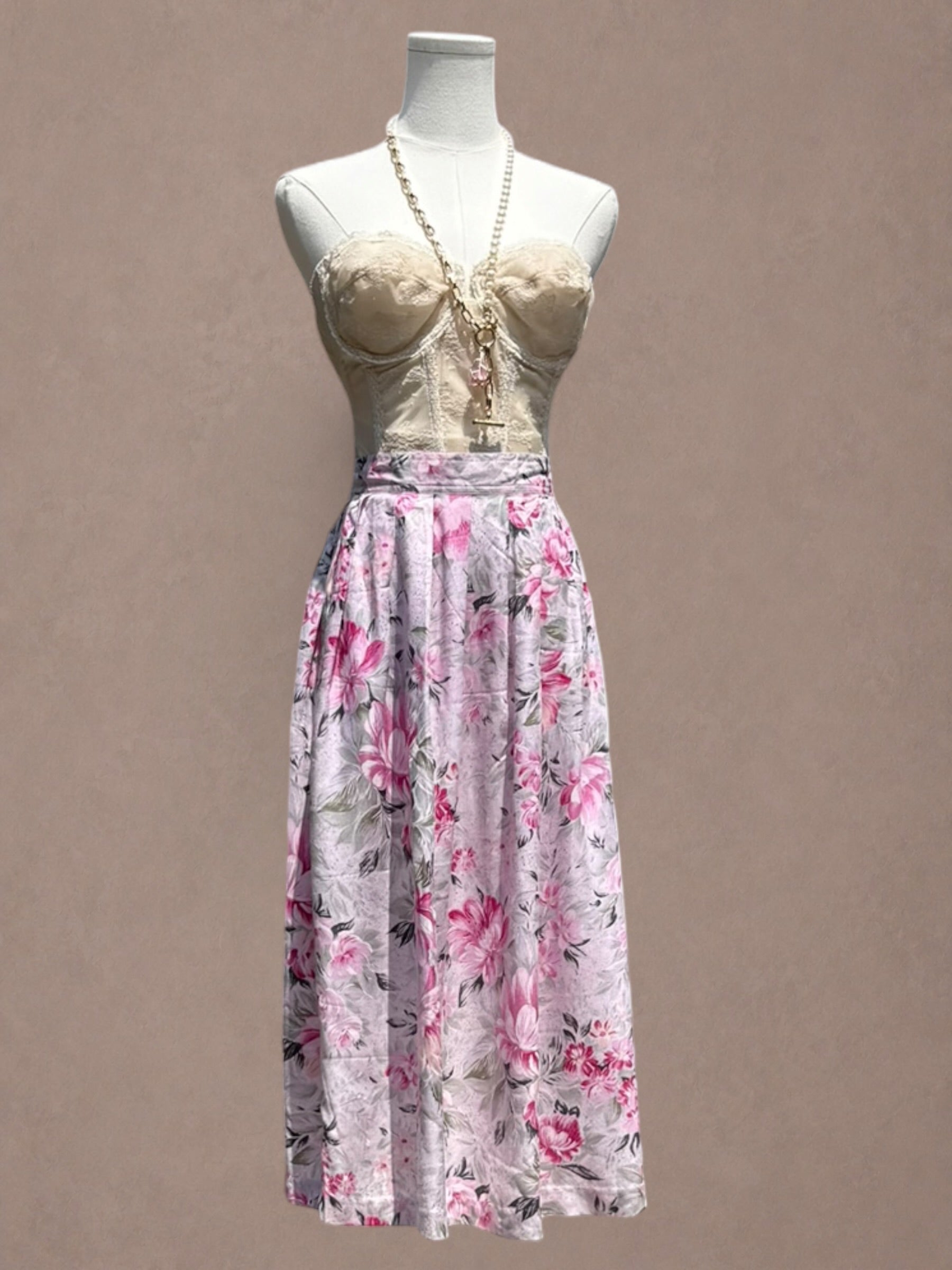 Romantic Garden Floral Print 1980s Rayon Midi Skirt