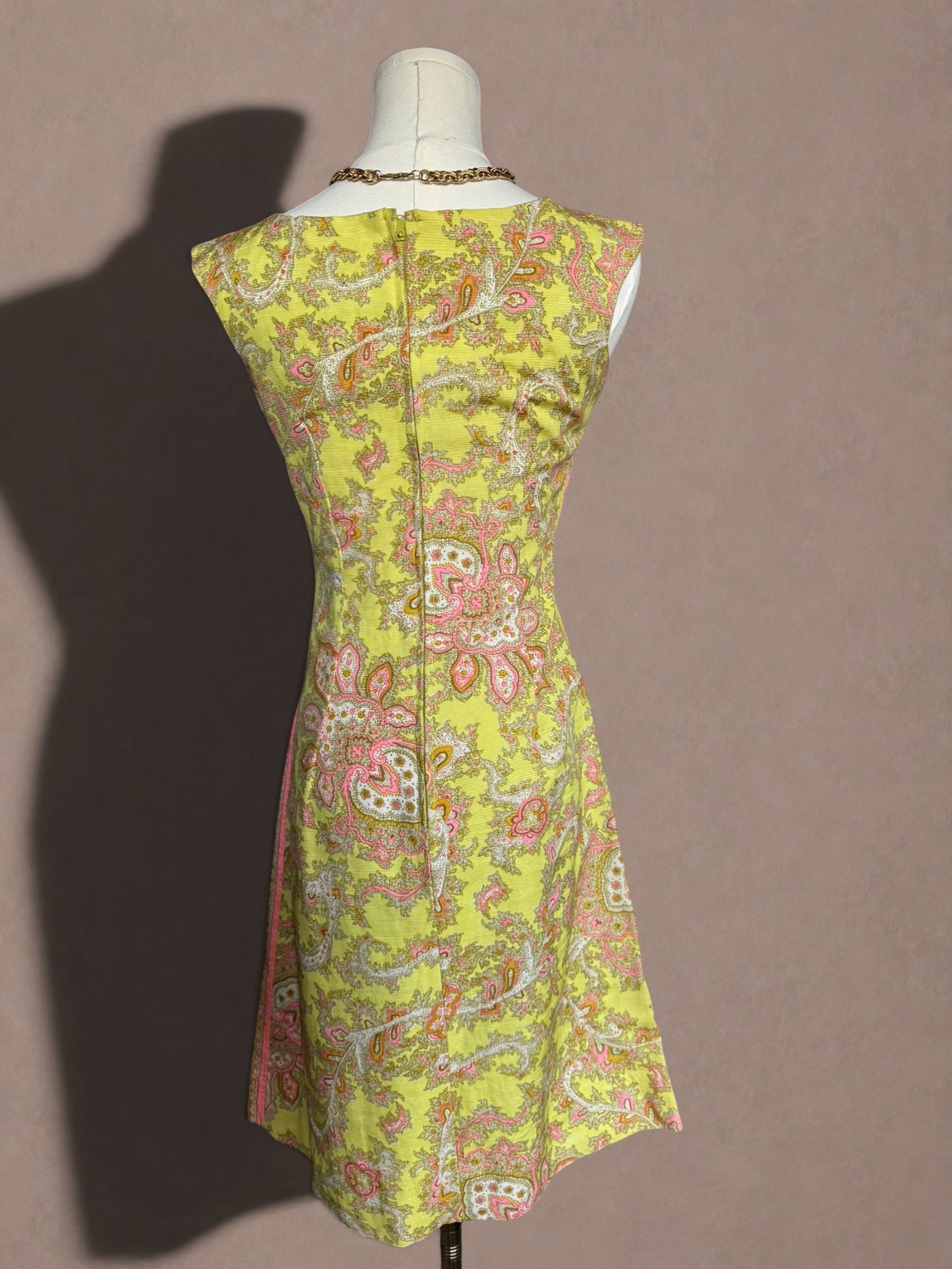 Neon Yellow & Hot Pink 60s Paisley Mod Mini Dress by Cos Cob