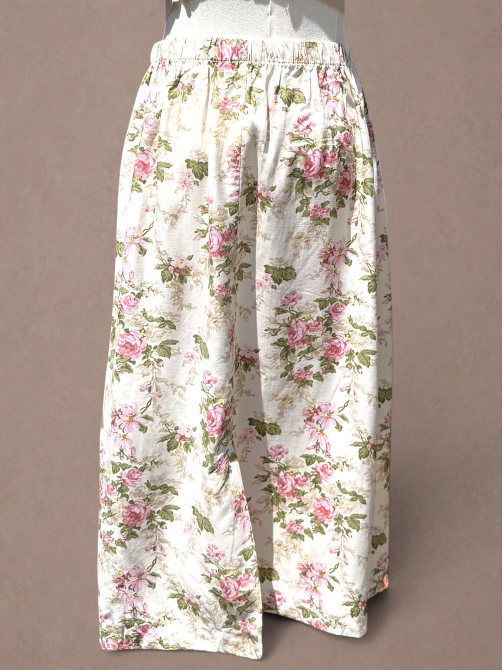 Cream and Pink 1980s Rose Garden Rayon Midi Skirt