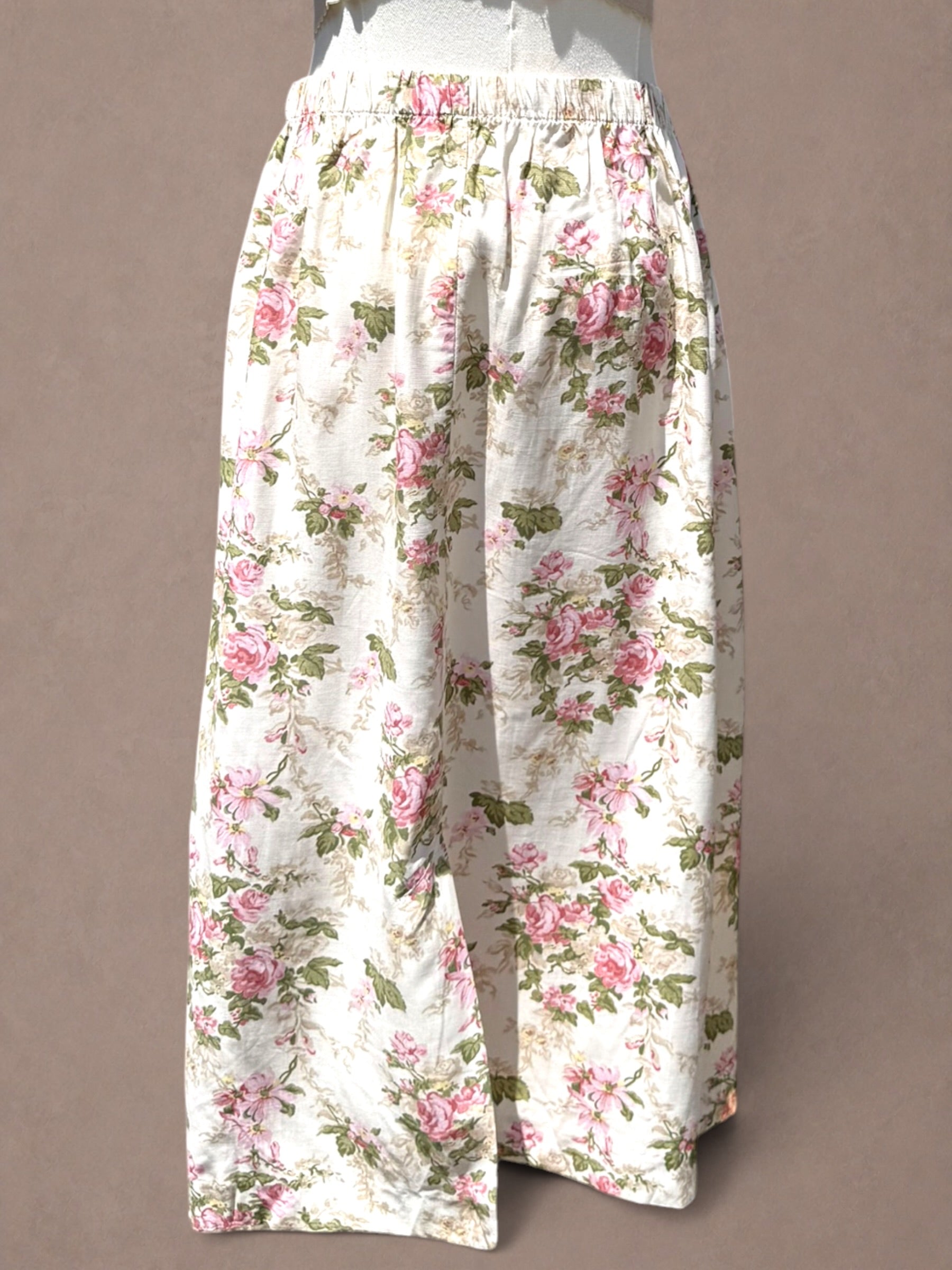 Cream and Pink 1980s Rose Garden Rayon Midi Skirt