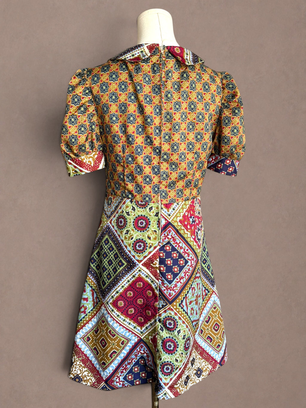 Patchwork Scarf Print 70s Mini Dress with Puff Sleeves