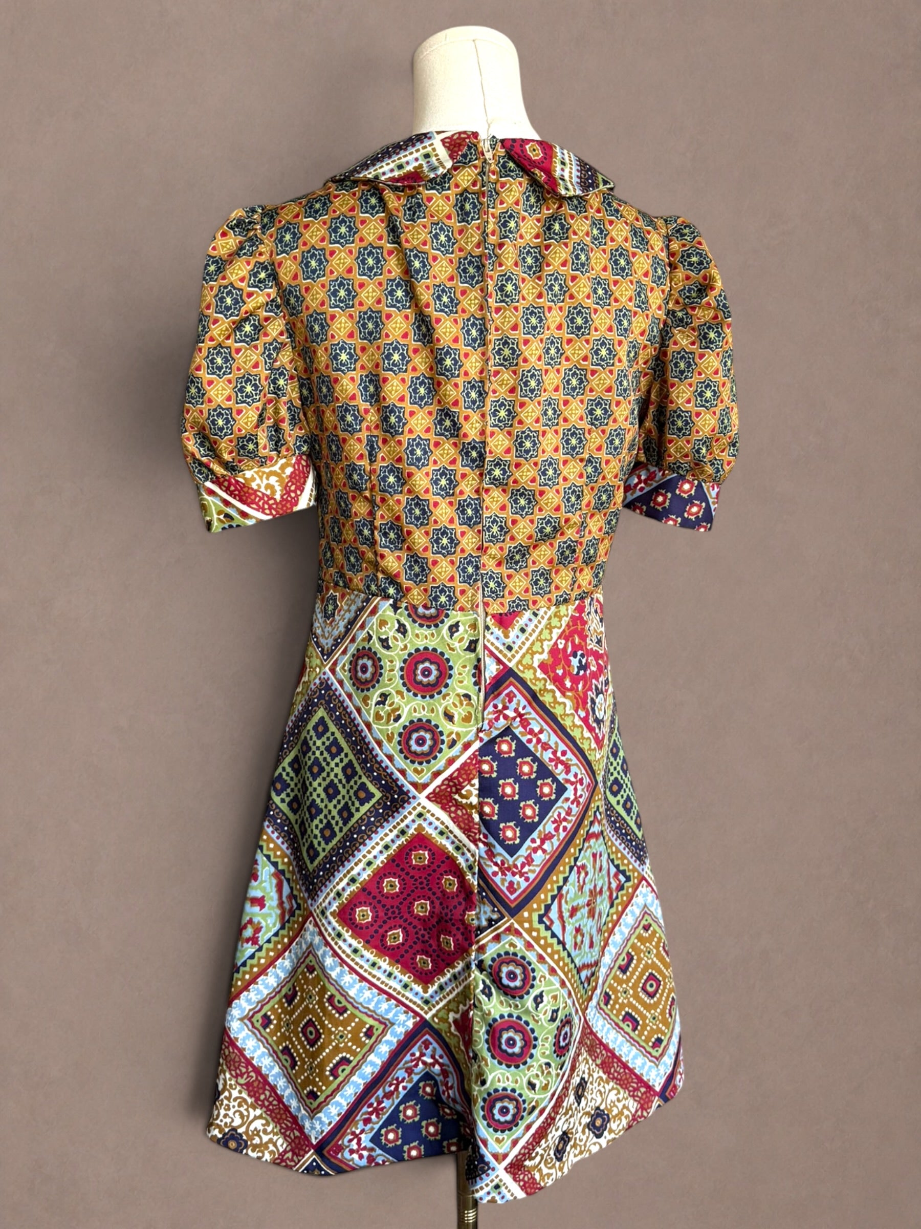 Patchwork Scarf Print 70s Mini Dress with Puff Sleeves
