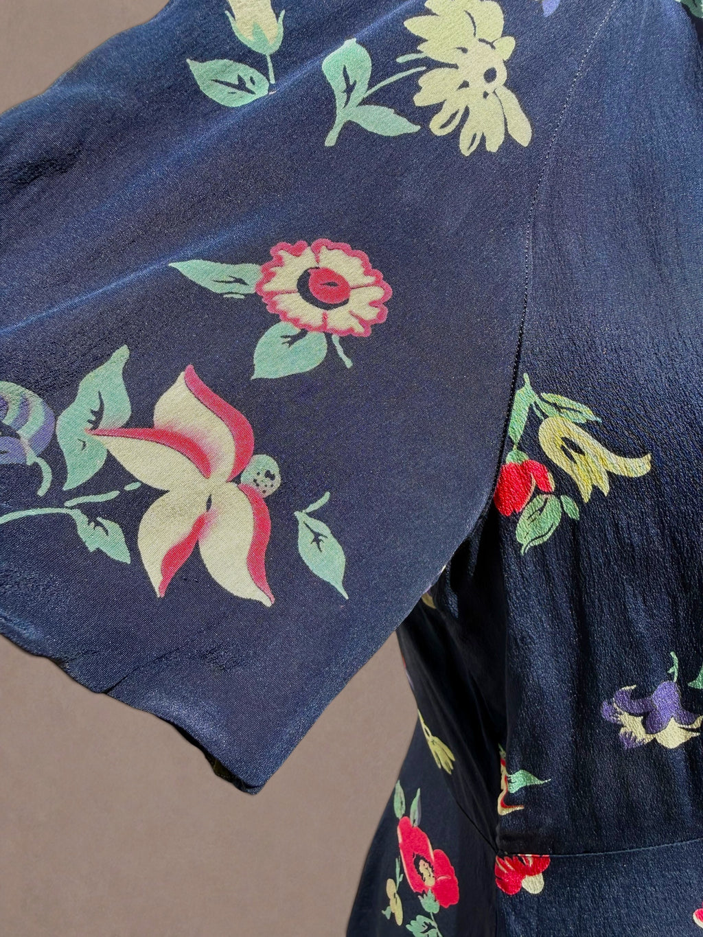 Navy Floral 1930s Bias Cut Rayon Day Dress
