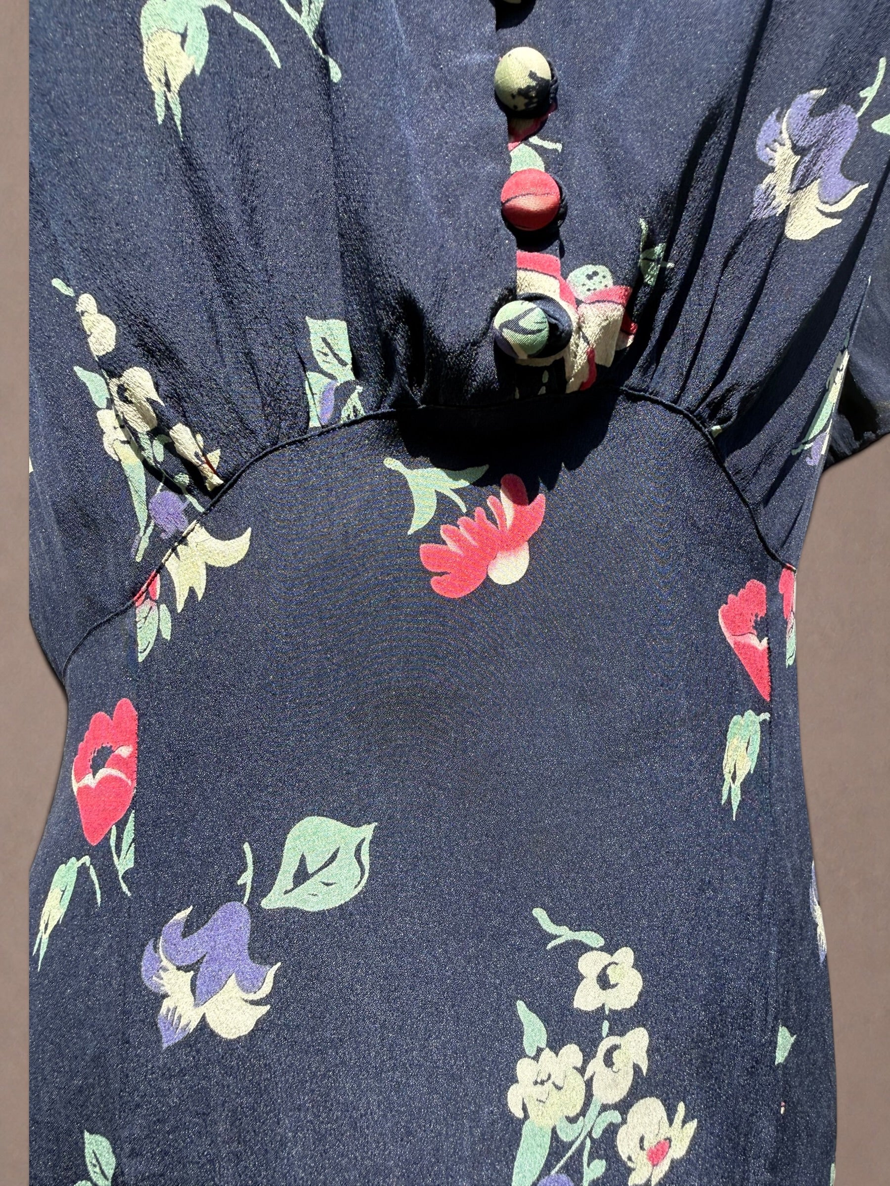 Navy Floral 1930s Bias Cut Rayon Day Dress