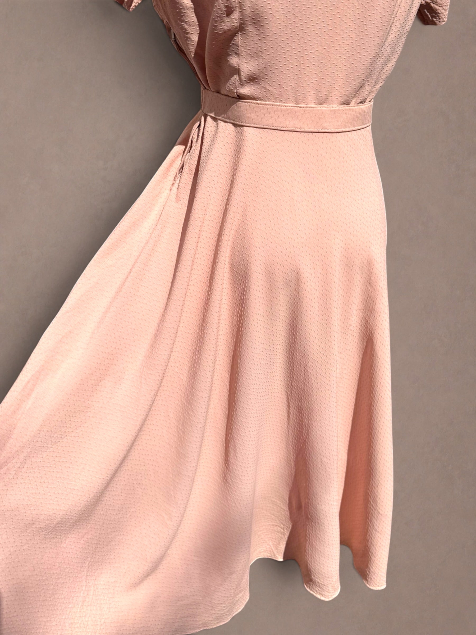 Blush Pink 1940s Swiss Dot Rayon Crepe Dress with Rhinestone Trim & Belt
