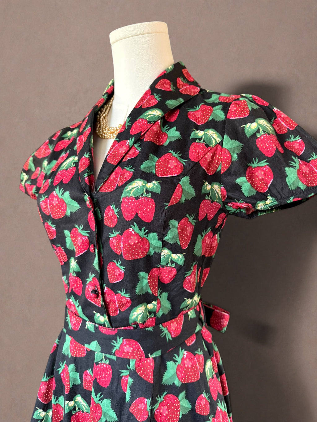 Vintage-Inspired Strawberry Print Dress with Tie Waist-New with Tags