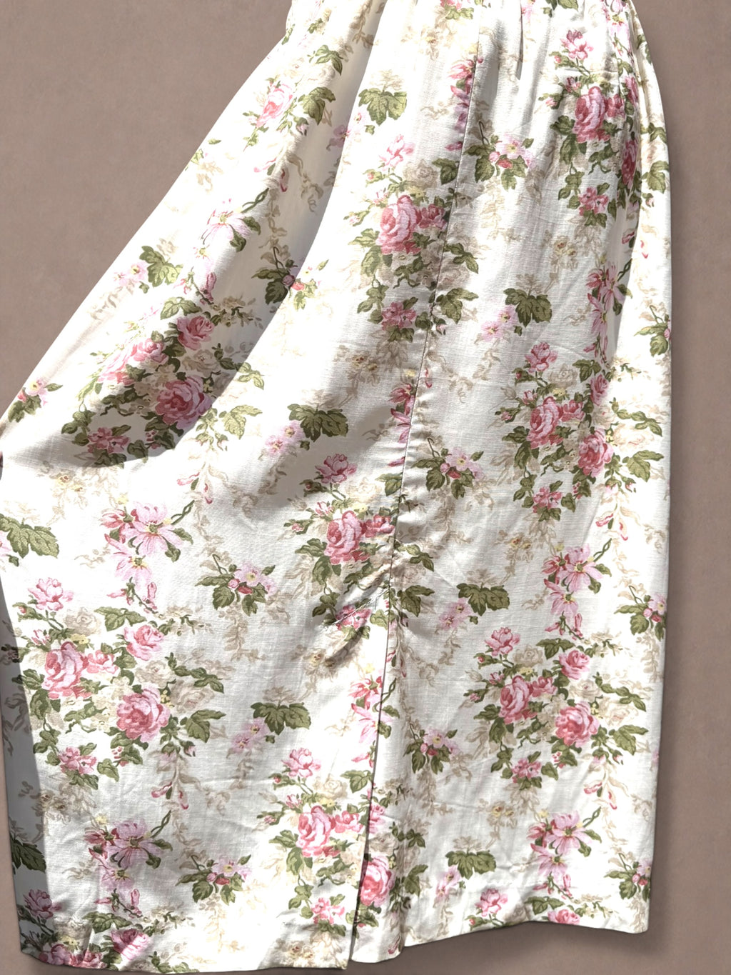 Cream and Pink 1980s Rose Garden Rayon Midi Skirt