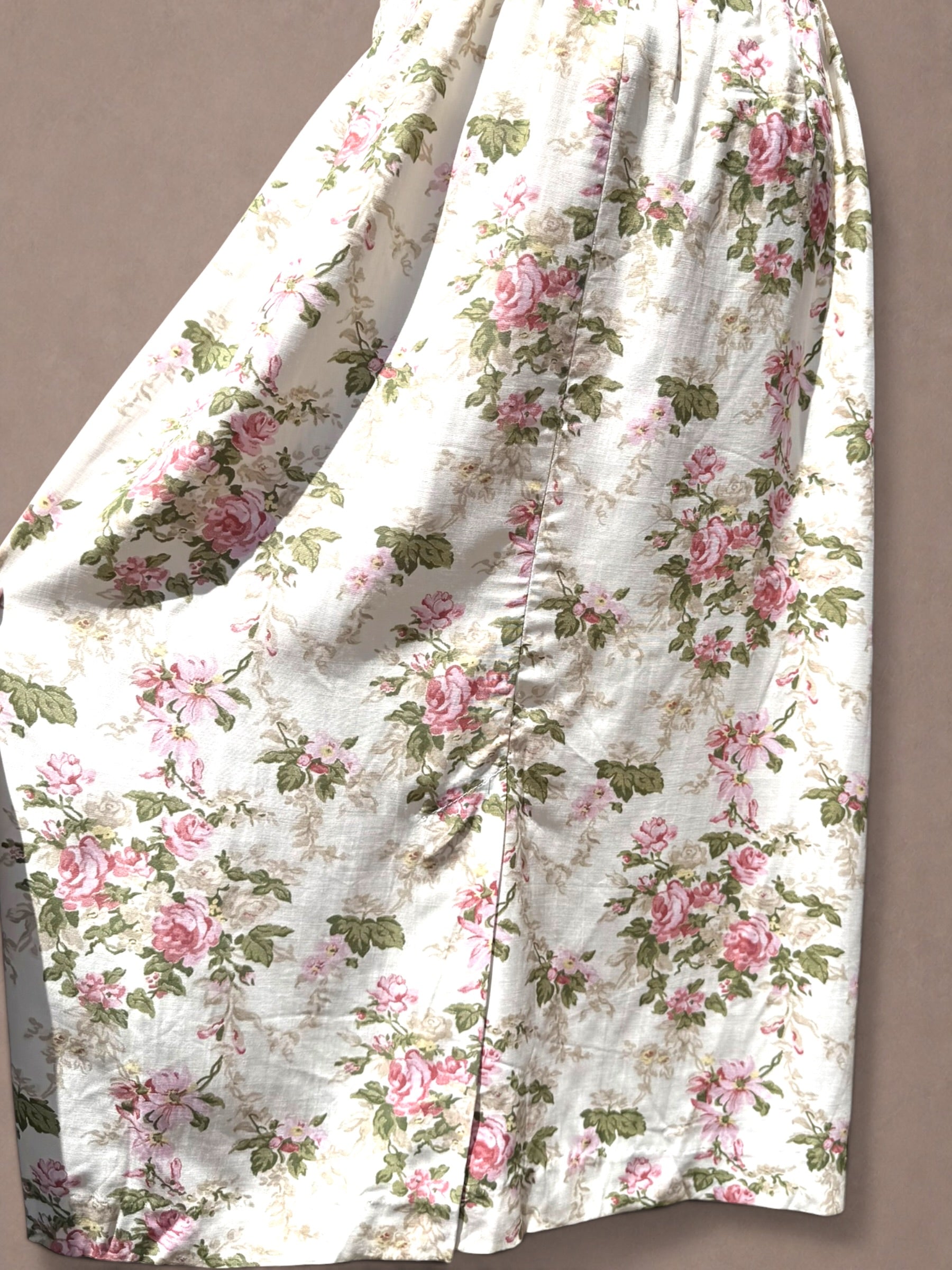Cream and Pink 1980s Rose Garden Rayon Midi Skirt