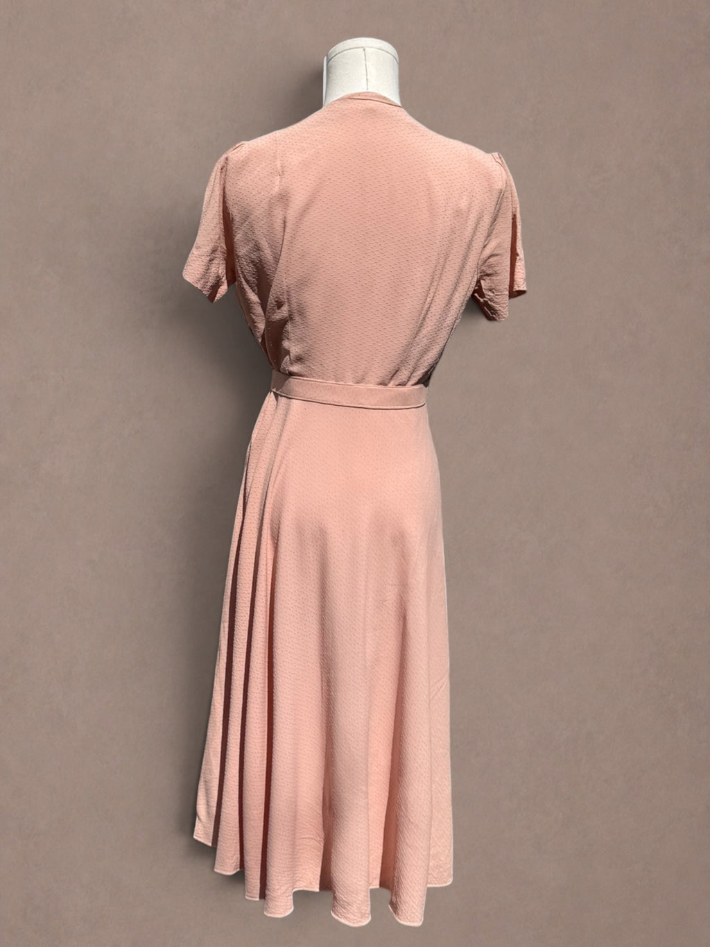 Blush Pink 1940s Swiss Dot Rayon Crepe Dress with Rhinestone Trim & Belt