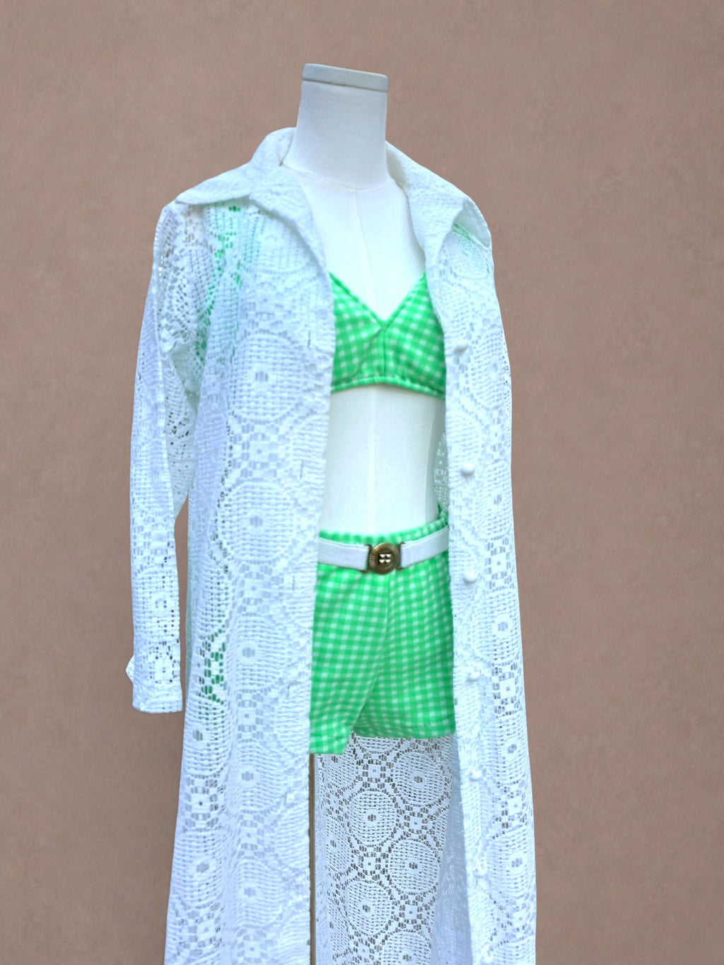 Green Gingham 60s Two Piece Swimsuit Set with Belt